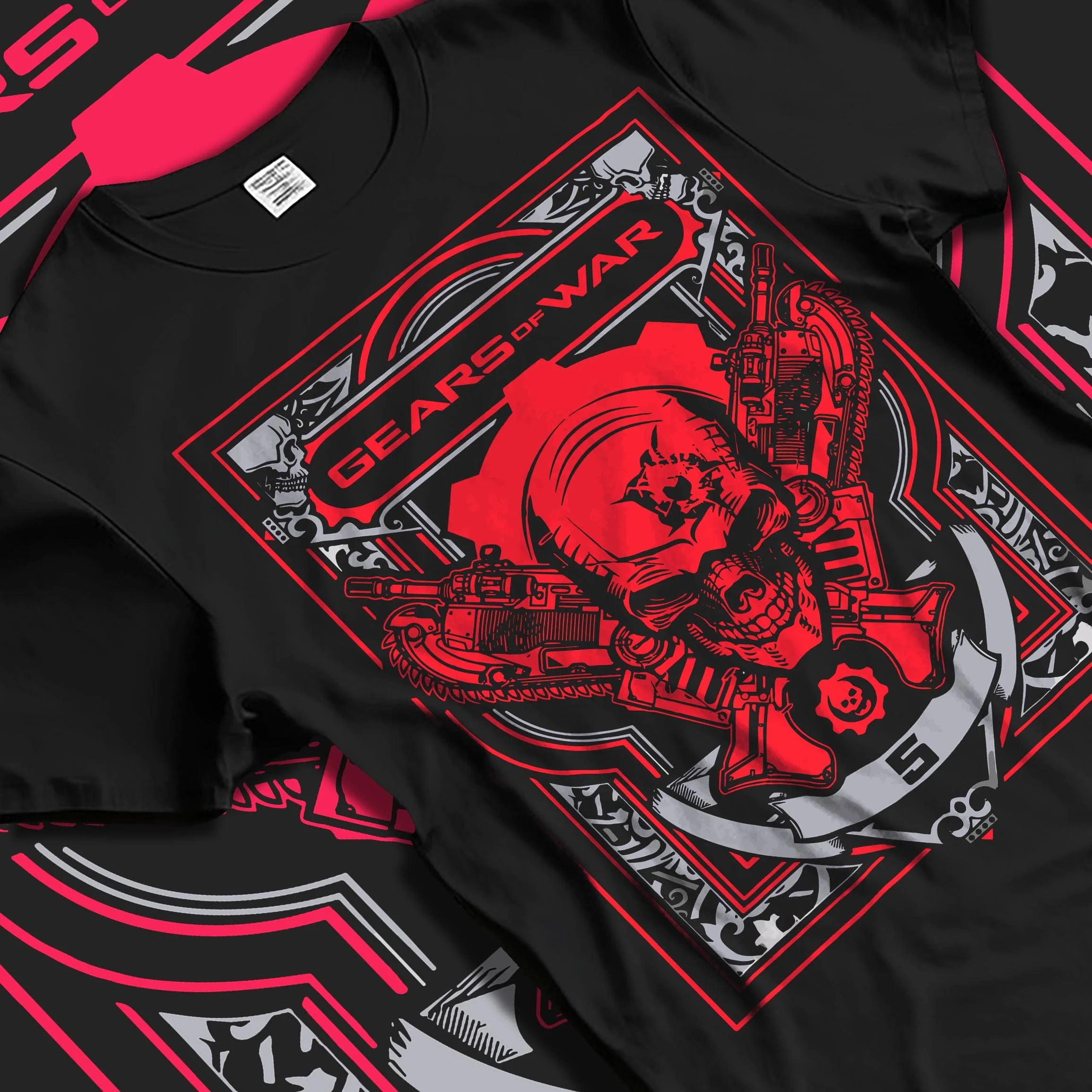 Black T-shirt laid flat with natural folds with Gears of War Hoodie Marcus Crimson Omen Skull Jumper graphic streetwear graphic.