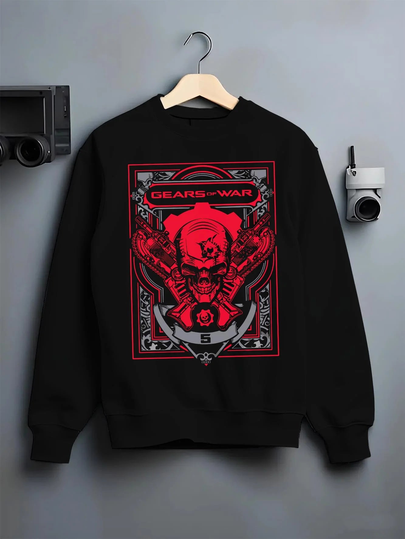 Black crewneck sweatshirt on hanger with Gears of War Hoodie Marcus Crimson Omen Skull Jumper graphic bold anime graphic.