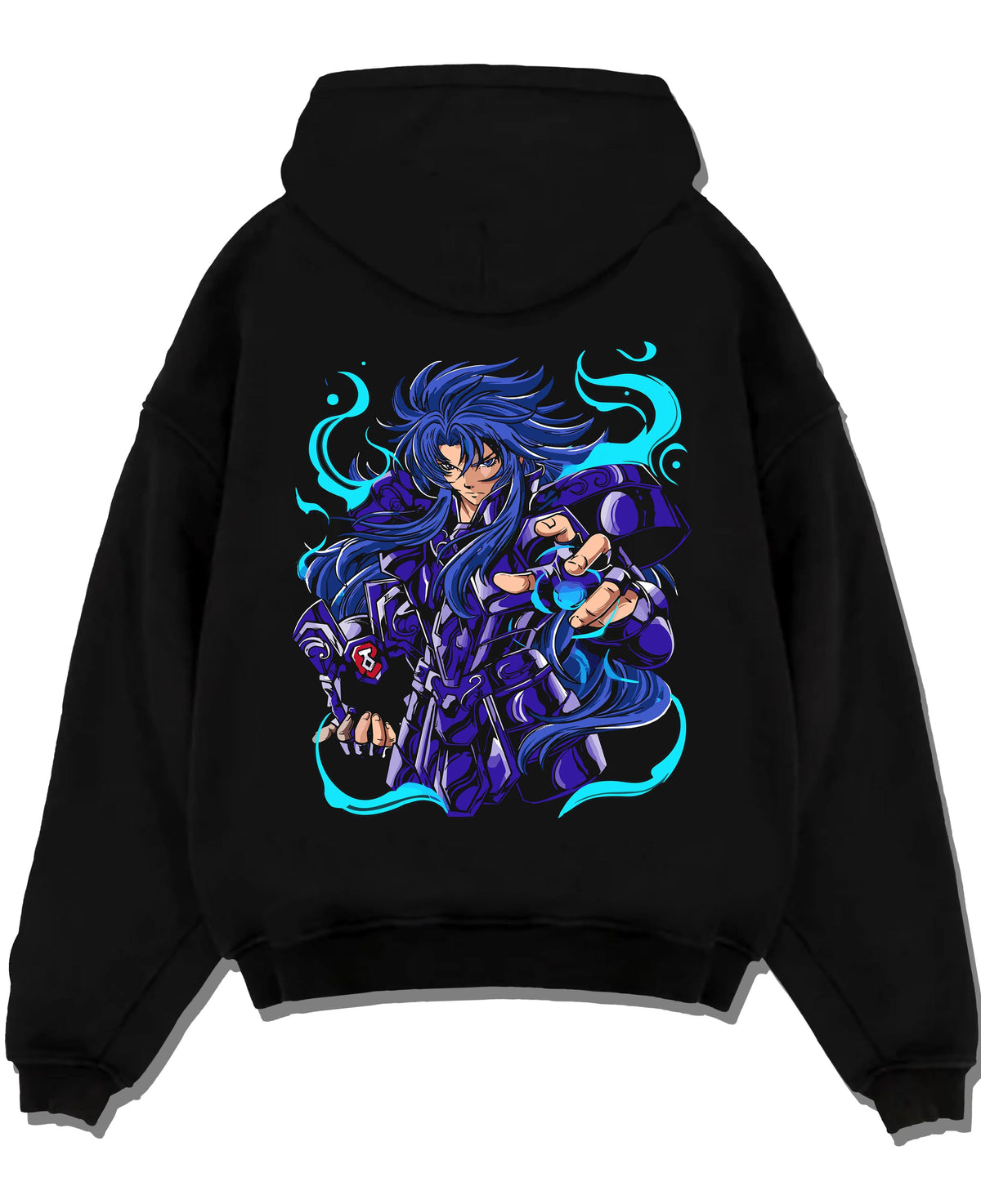 Black hoodie laid flat featuring Gemini Saga Saint Seiya Gold Saint artwork.