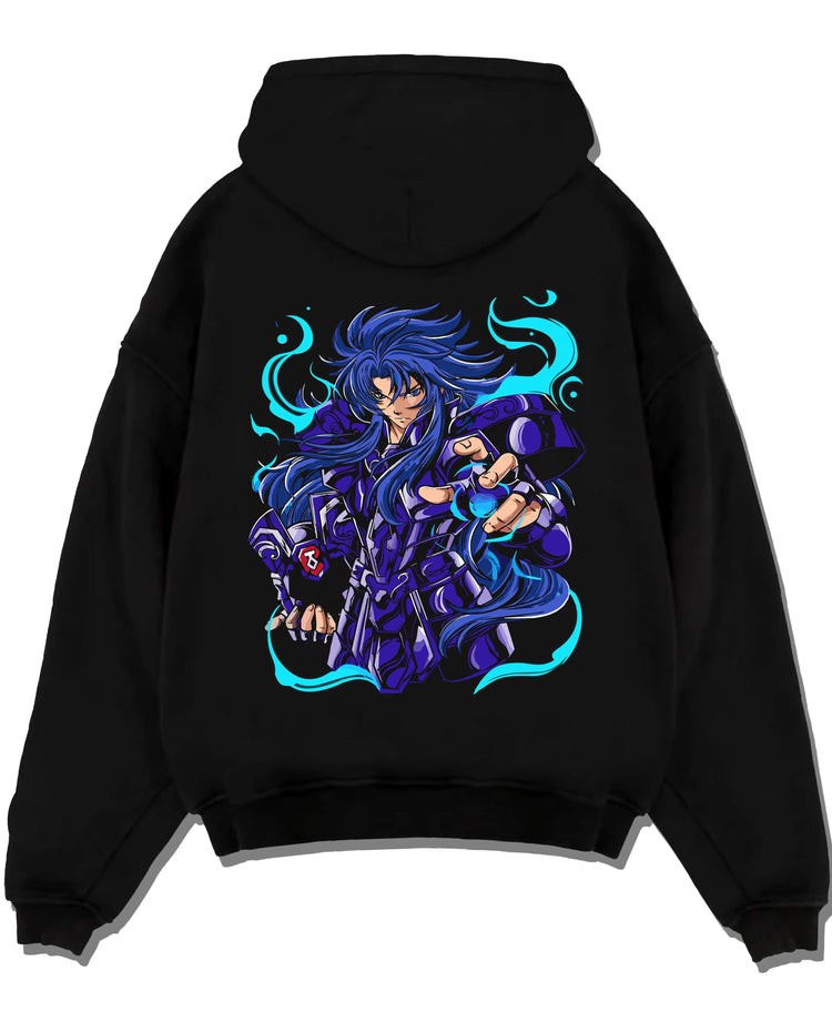 Black hoodie laid flat featuring Gemini Saga Saint Seiya Gold Saint artwork.