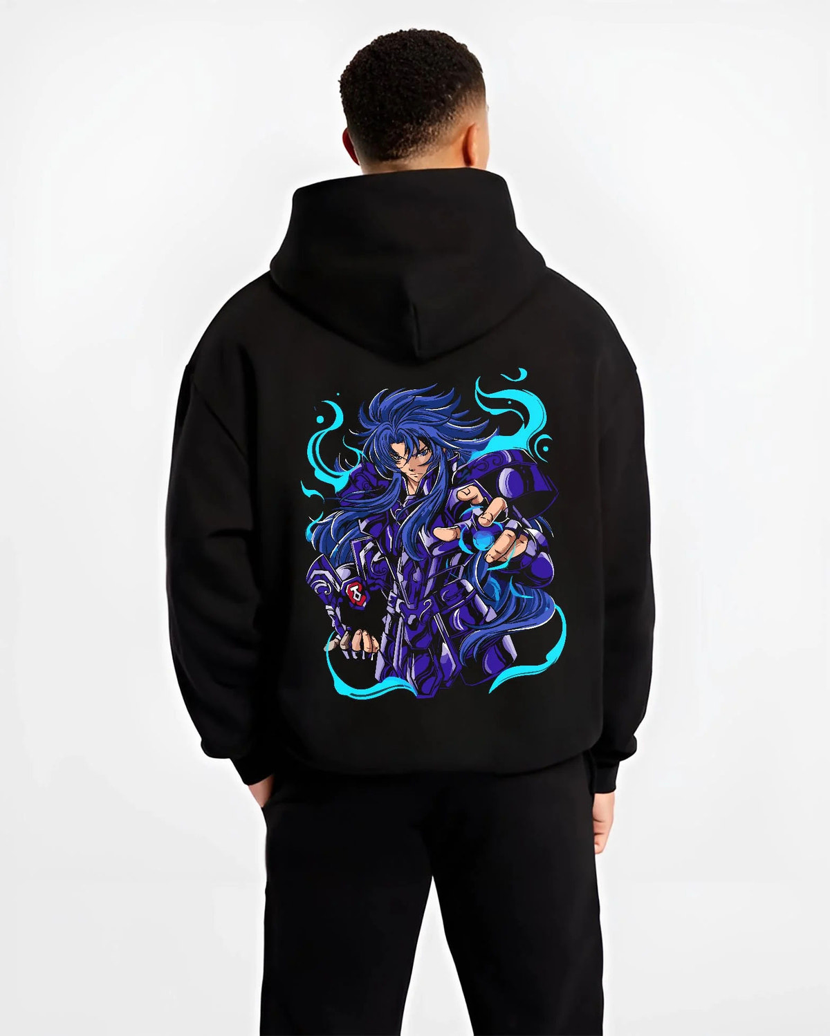 Black hoodie worn by male model from the back featuring Gemini Saga Saint Seiya Gold Saint artwork.