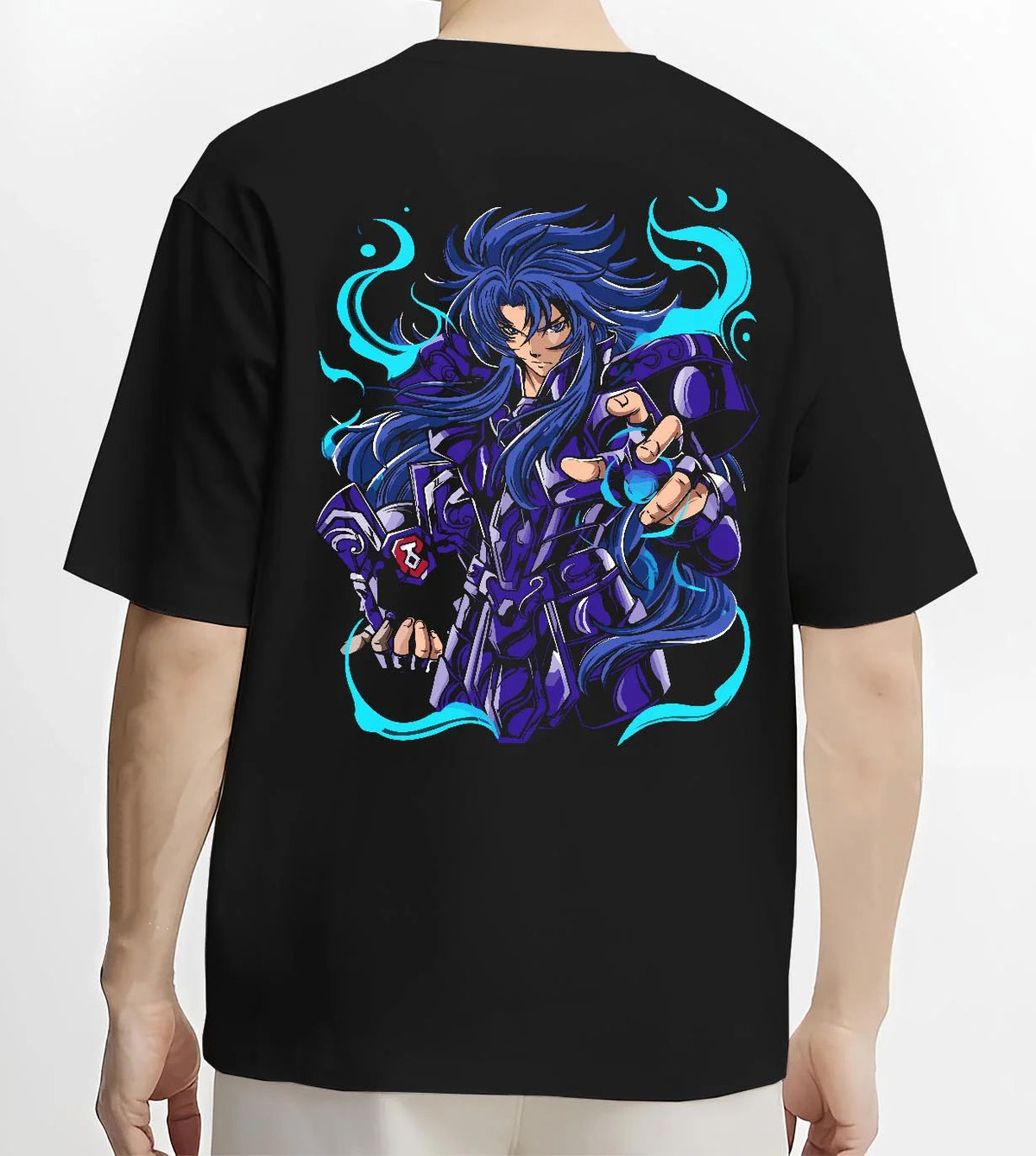 Black T-shirt worn by male model from the back featuring Gemini Saga Saint Seiya Gold Saint artwork.
