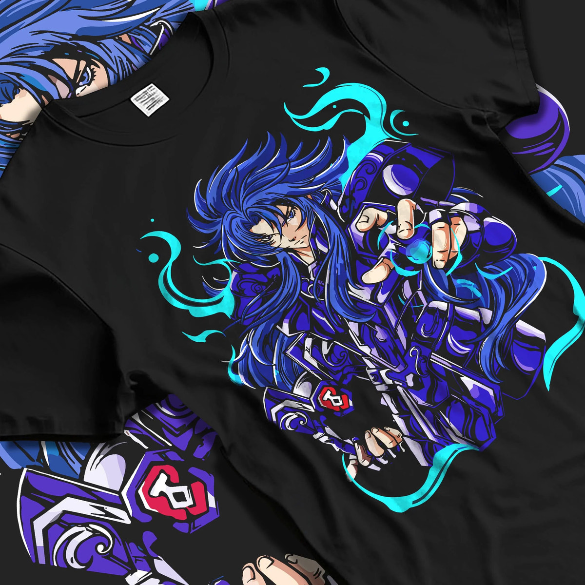 Black T-shirt laid flat with natural folds featuring Gemini Saga Saint Seiya Gold Saint artwork.