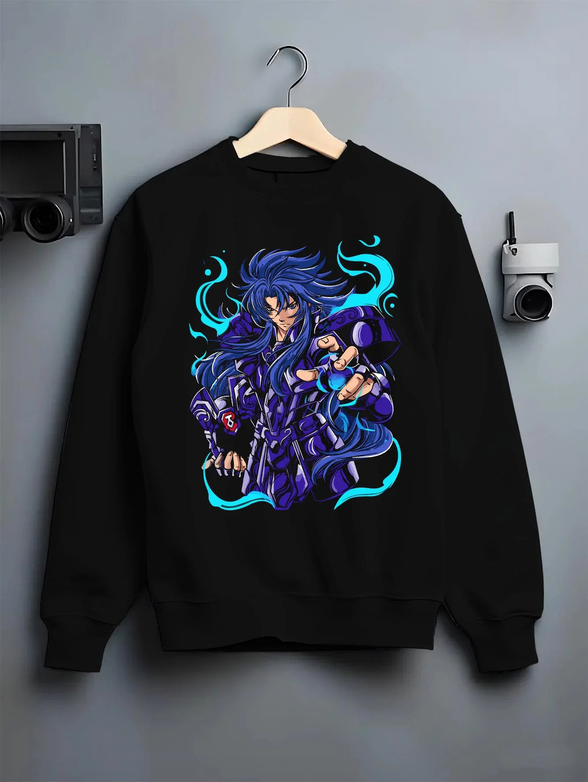 Black crewneck sweatshirt on hanger featuring Gemini Saga Saint Seiya Gold Saint artwork.