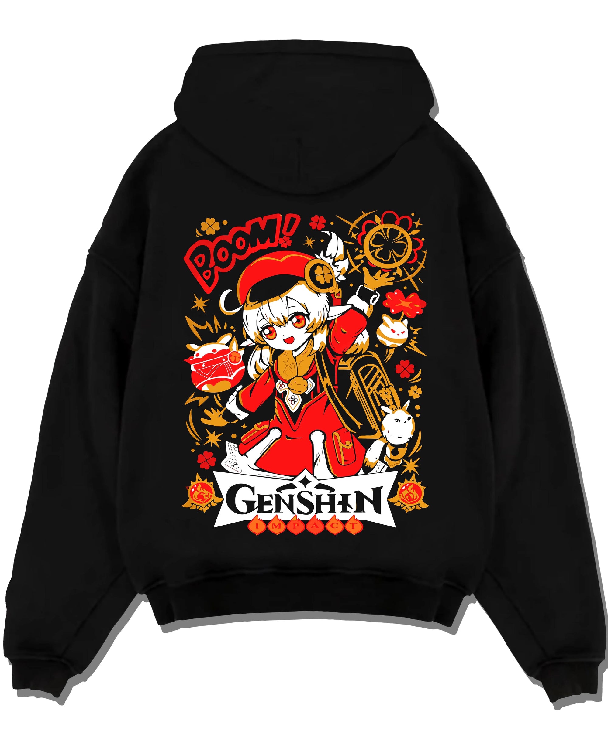Black pullover hoodie laid flat with Genshin Impact Hoodie Klee Bombastic Attack Jumper graphic Klee anime design.