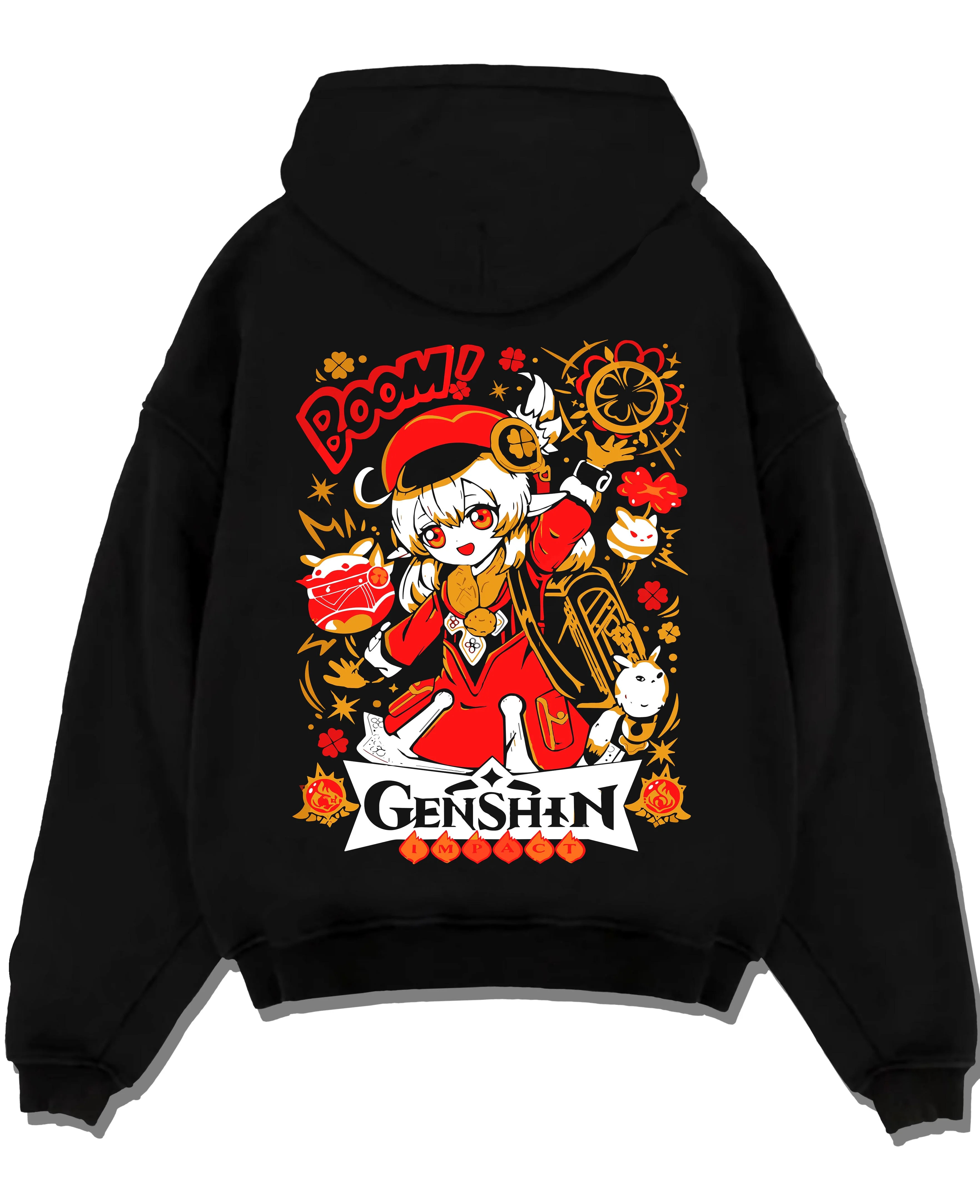 Black pullover hoodie laid flat with Genshin Impact Hoodie Klee Bombastic Attack Jumper graphic Klee anime design.