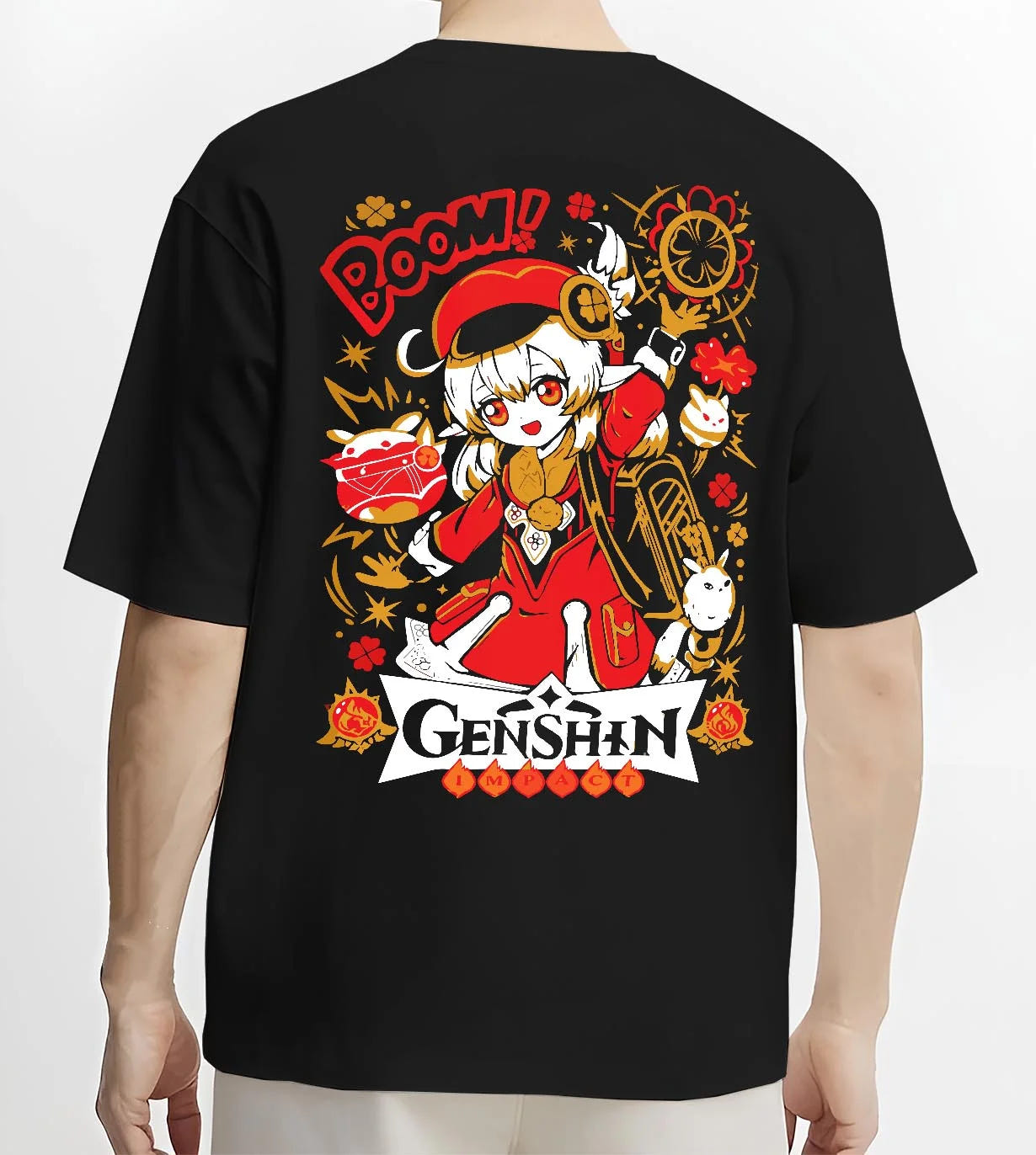 Black T-shirt worn by male model, back view with Genshin Impact Hoodie Klee Bombastic Attack Jumper graphic Klee themed artwork.