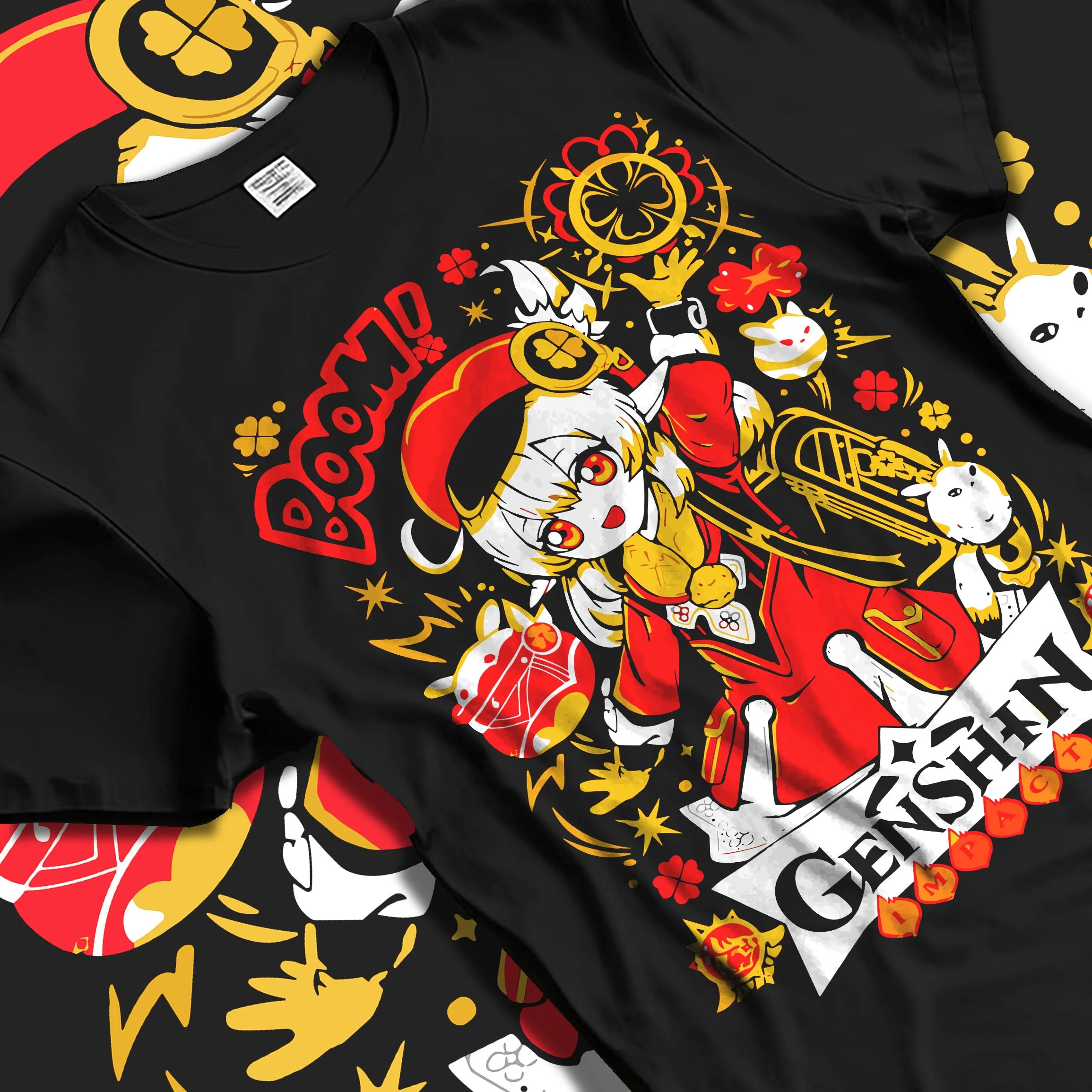 Black T-shirt laid flat with natural folds with Genshin Impact Hoodie Klee Bombastic Attack Jumper graphic premium wear.