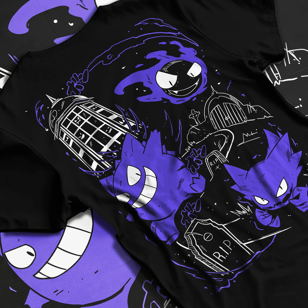 Black T-shirt flat back view with Gengar evolution line / retro Game Boy illustration from Pokémon illustrated back graphic