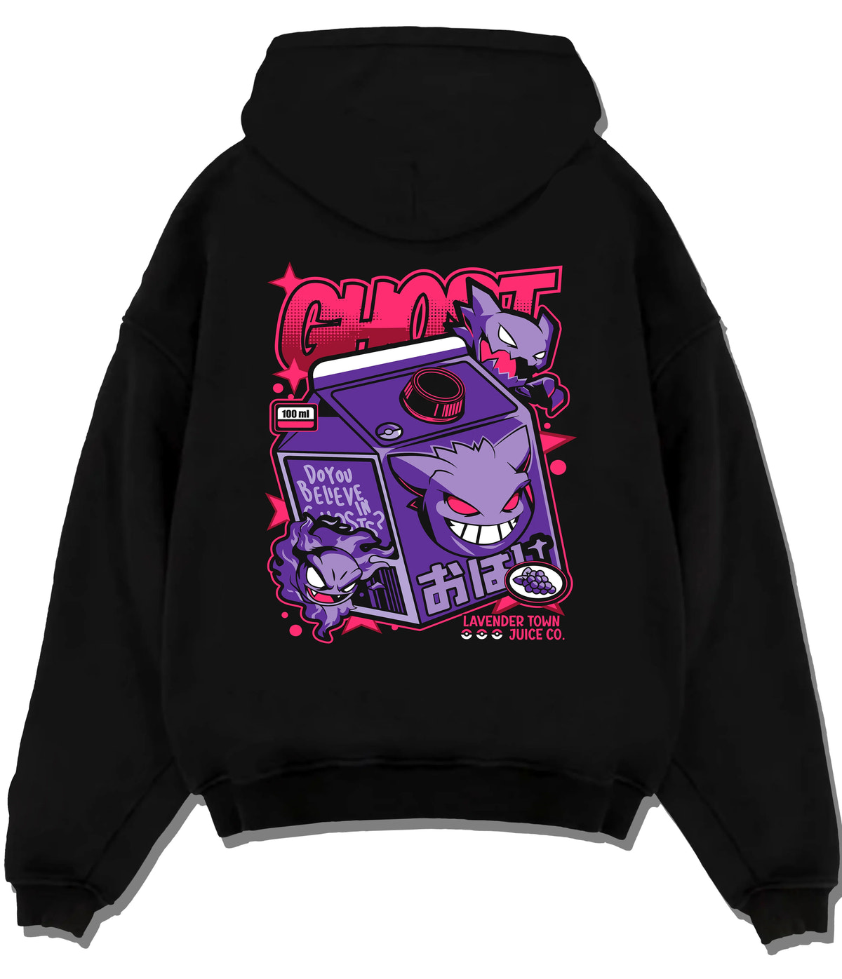 Black hoodie flat back view with Gengar / Lavender Town Game Boy from Pokémon illustrated back graphic