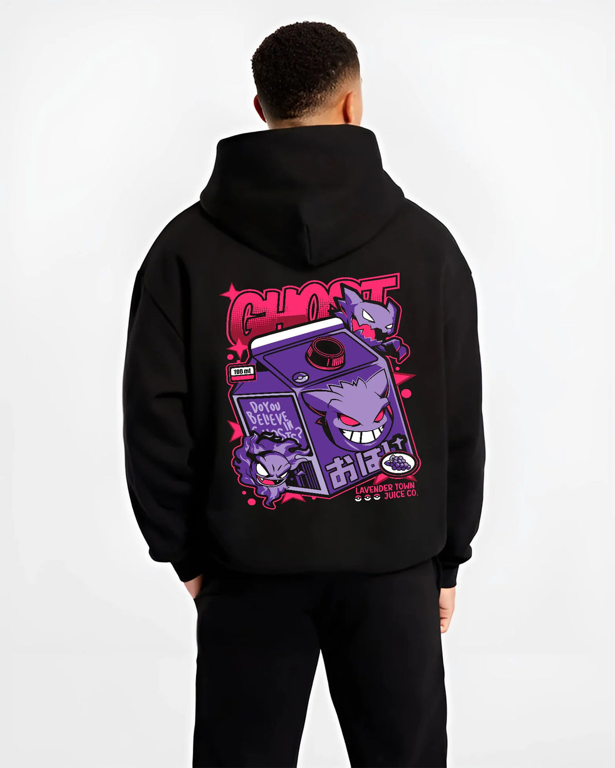 Black hoodie model back view with Gengar / Lavender Town Game Boy from Pokémon illustrated back graphic