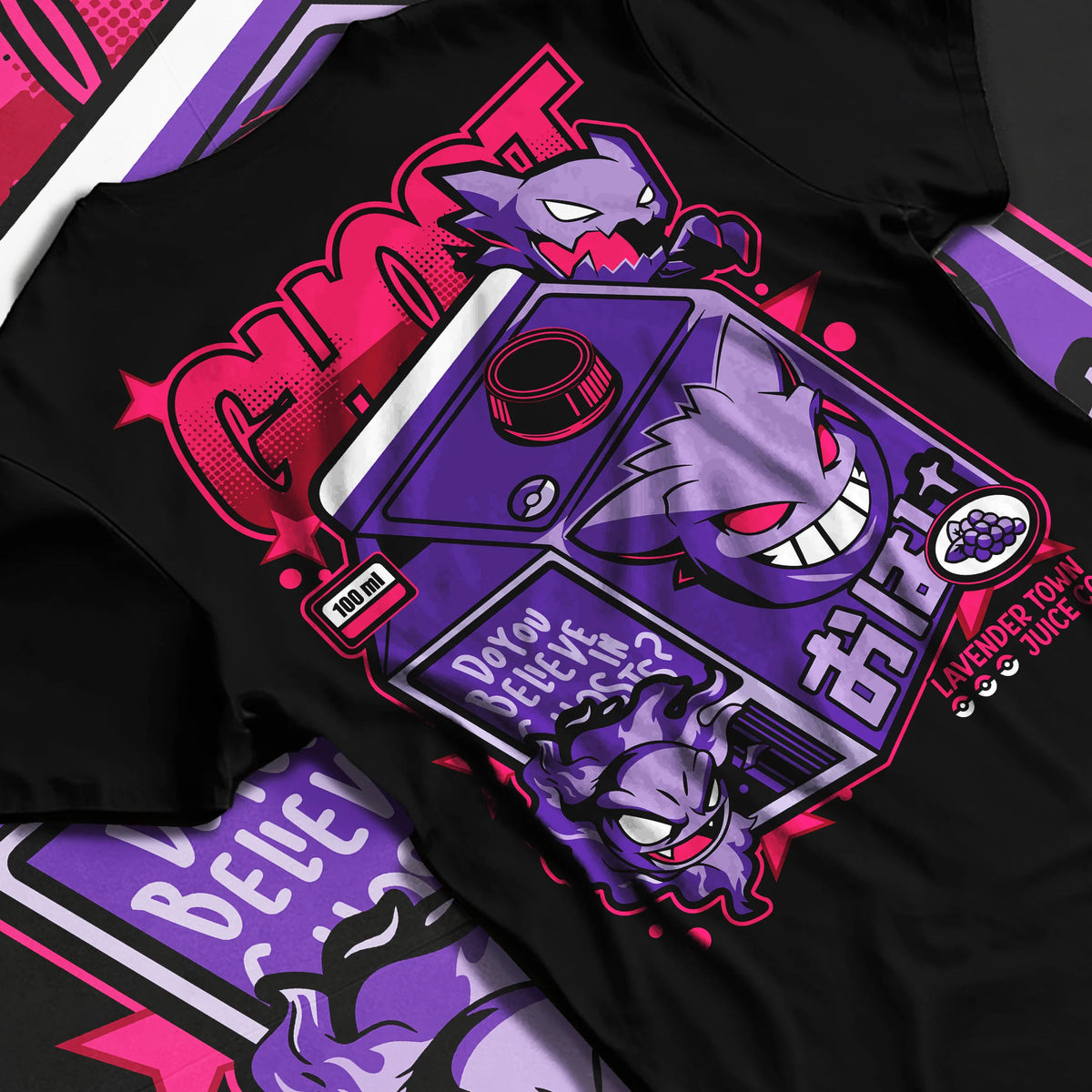 Black T-shirt flat back view with Gengar / Lavender Town Game Boy from Pokémon illustrated back graphic