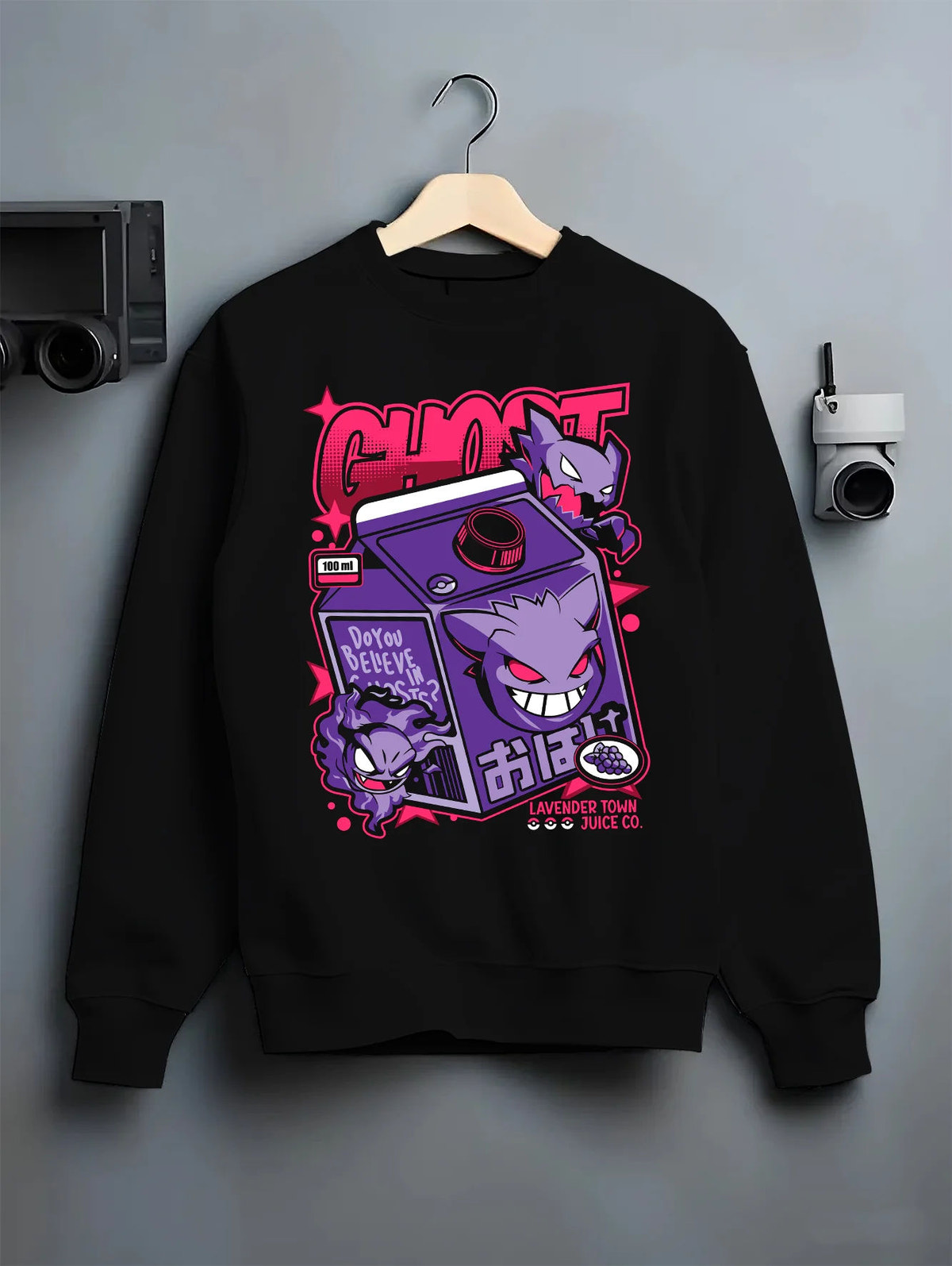Black crewneck sweatshirt on hanger with Gengar / Lavender Town Game Boy from Pokémon illustrated back graphic