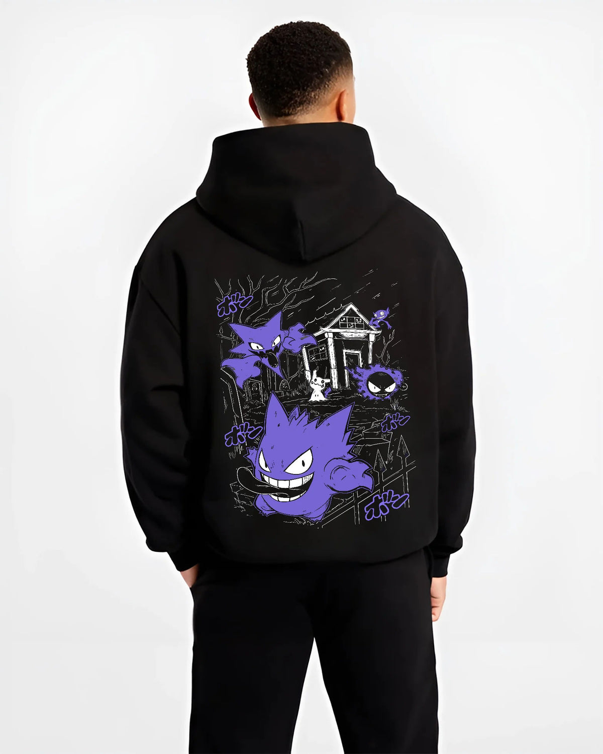 Black hoodie model back view with Gengar Haunted House collage from Pokémon illustrated back graphic
