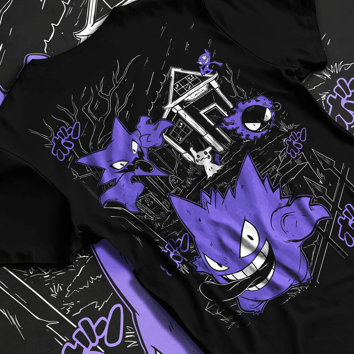 Black T-shirt flat back view with Gengar Haunted House collage from Pokémon illustrated back graphic