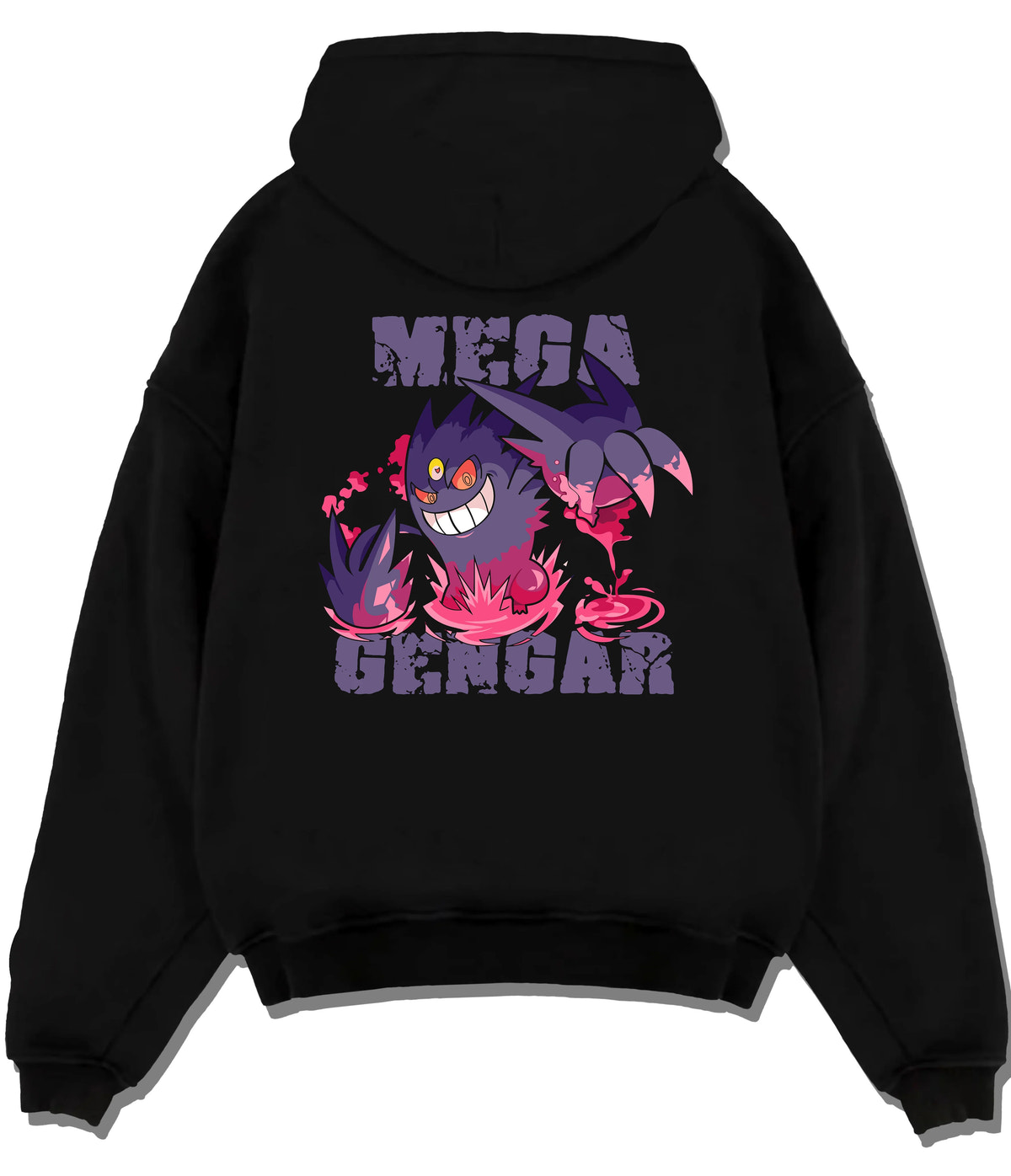 Black hoodie flat back view with Mega Gengar / pink flames from Pokémon illustrated back graphic