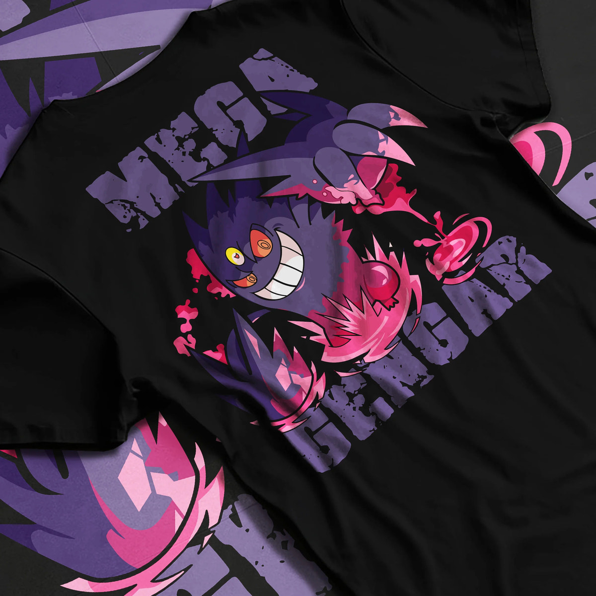 Black T-shirt flat back view with Mega Gengar / pink flames from Pokémon illustrated back graphic