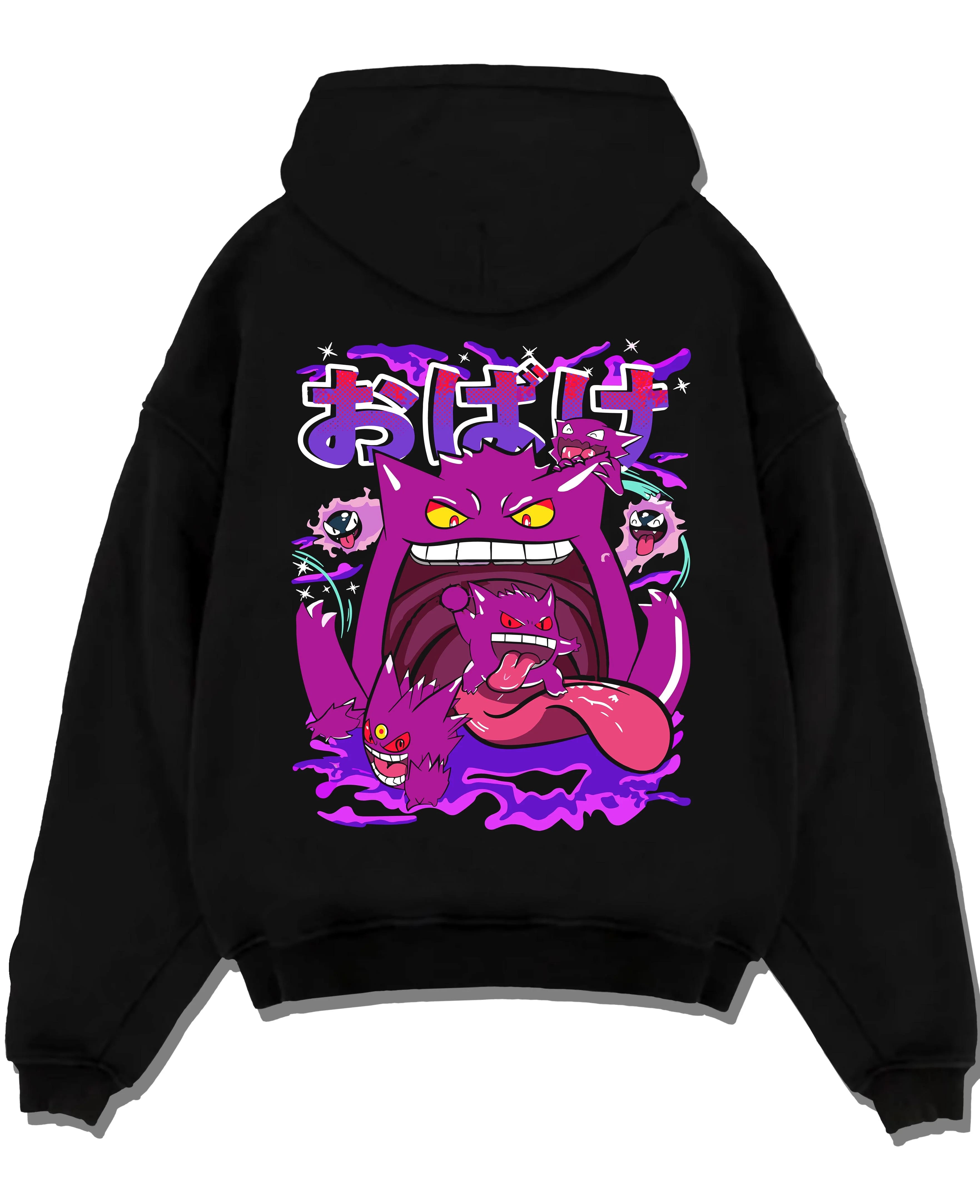 Black pullover hoodie laid flat with Pokémon Hoodie Gengar Spooky Ghost Jumper graphic Japanese anime design.