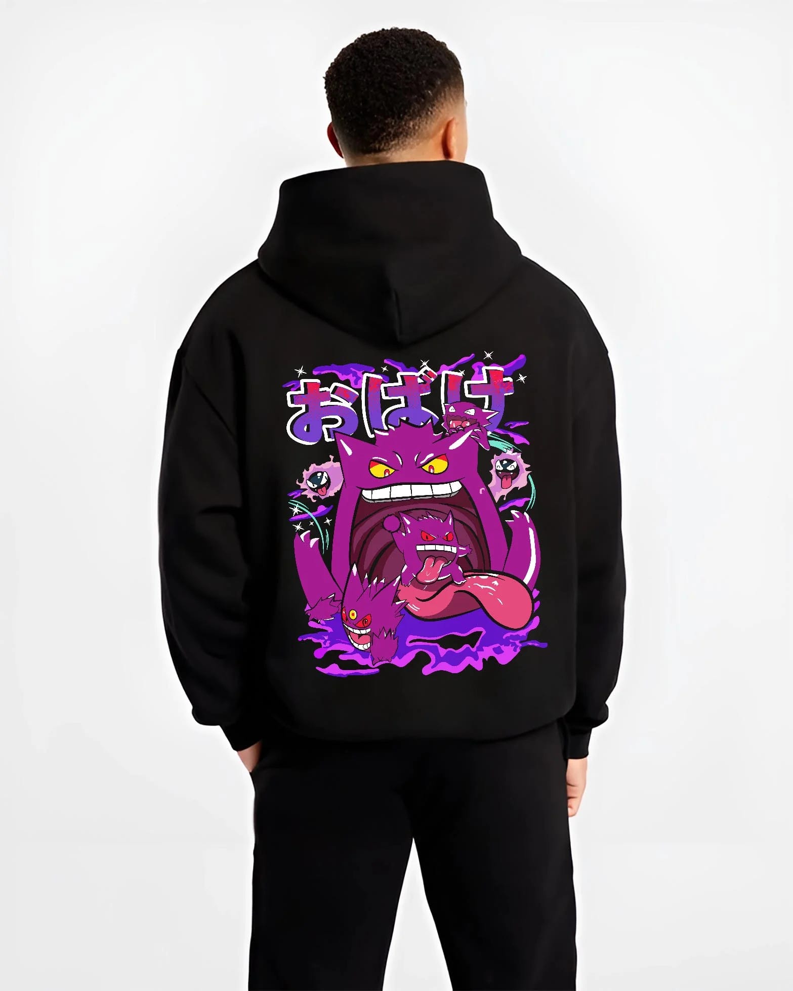 Black hoodie worn by male model, back view with Pokémon Hoodie Gengar Spooky Ghost Jumper graphic premium wear.
