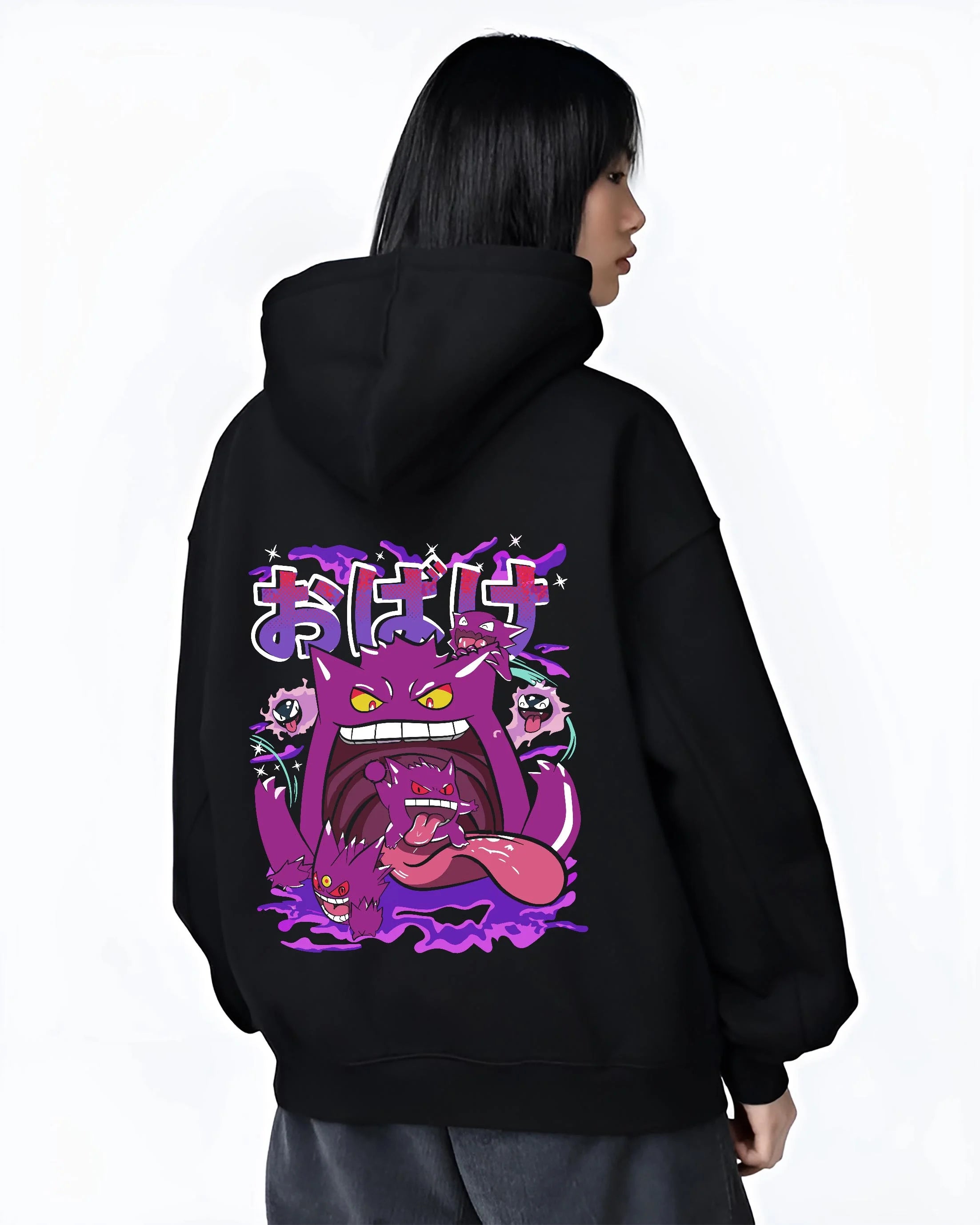 Black hoodie worn by female model, back view with Pokémon Hoodie Gengar Spooky Ghost Jumper graphic premium wear.