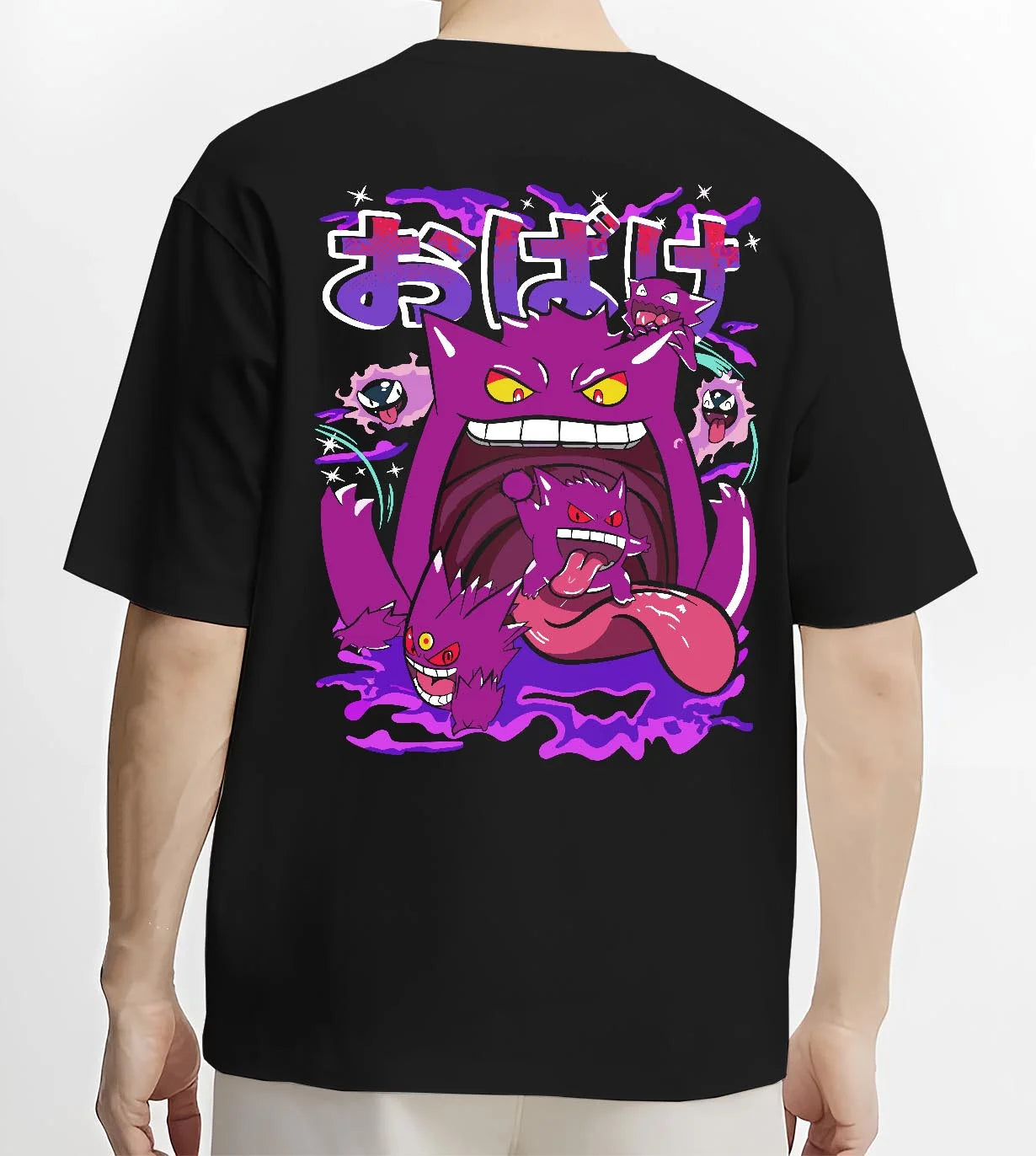 Black T-shirt worn by male model, back view with Pokémon Hoodie Gengar Spooky Ghost Jumper graphic bold anime graphic.