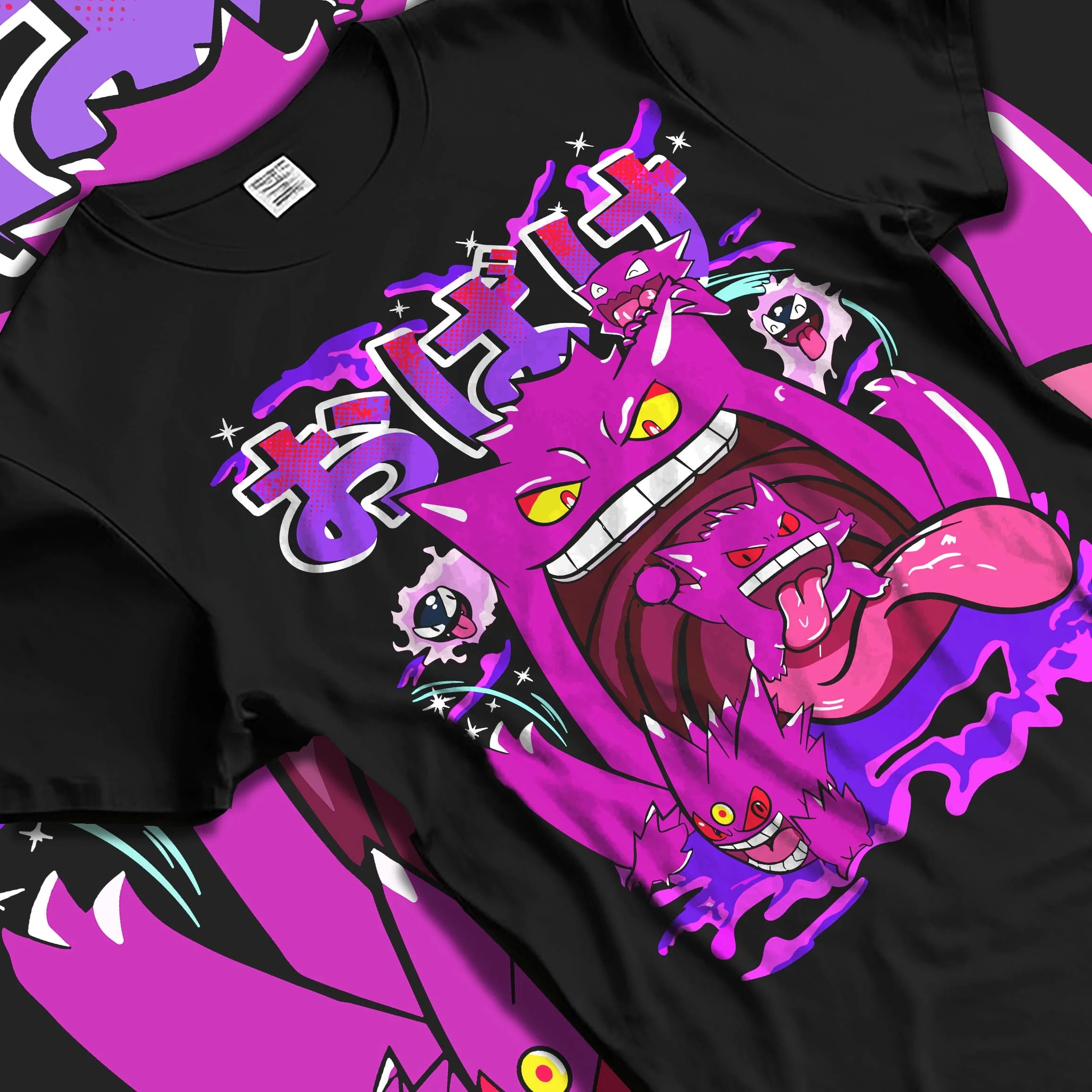 Black T-shirt laid flat with natural folds with Pokémon Hoodie Gengar Spooky Ghost Jumper graphic bold anime graphic.