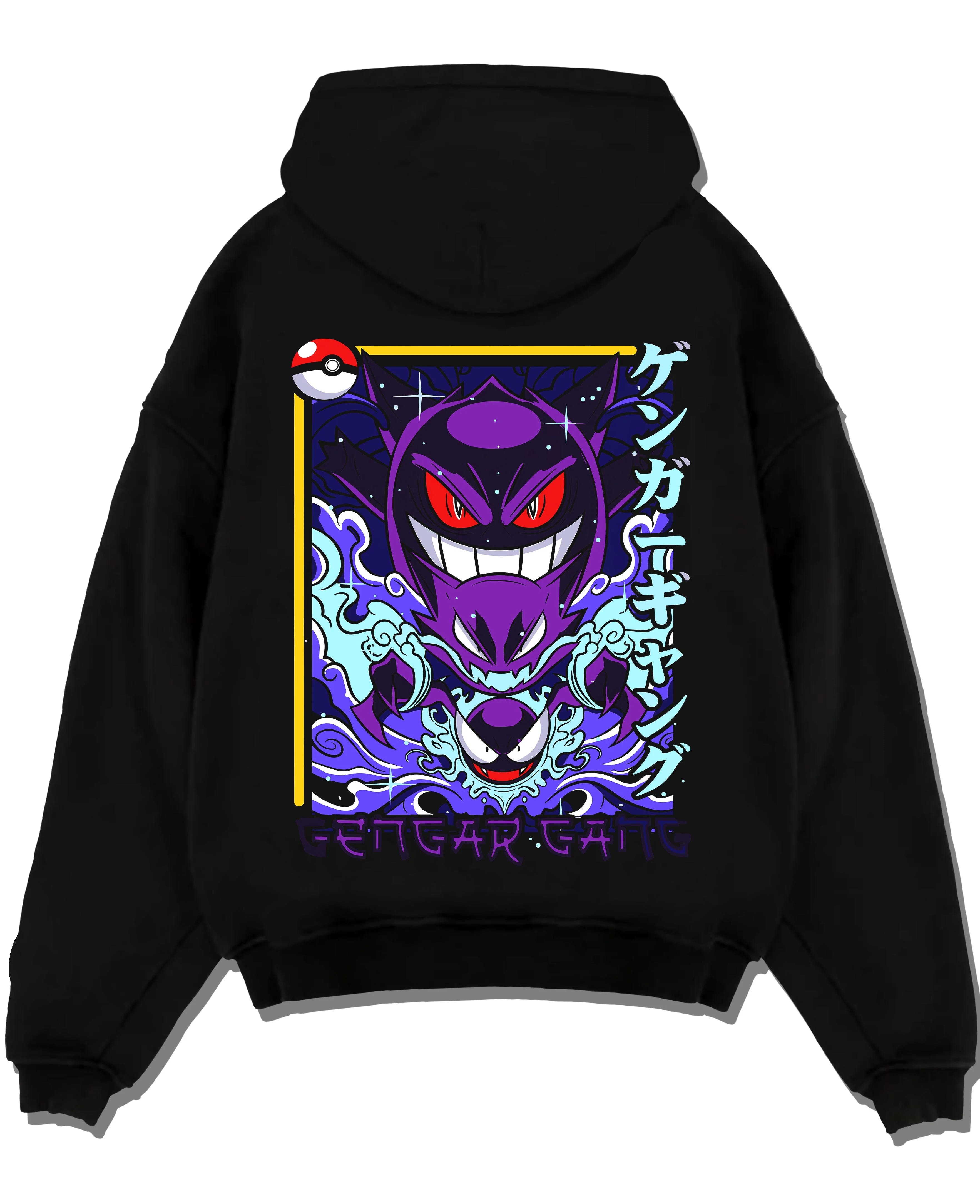 Black pullover hoodie laid flat with Pokémon Hoodie Gengar Shadow Ball Jumper graphic Gengar anime design.