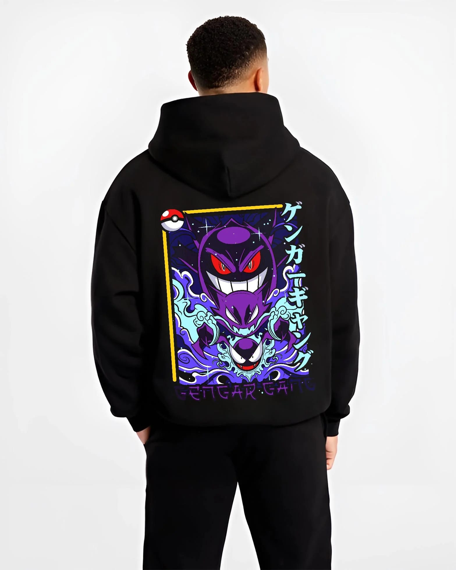 Black hoodie worn by male model, back view with Pokémon Hoodie Gengar Shadow Ball Jumper graphic premium wear.