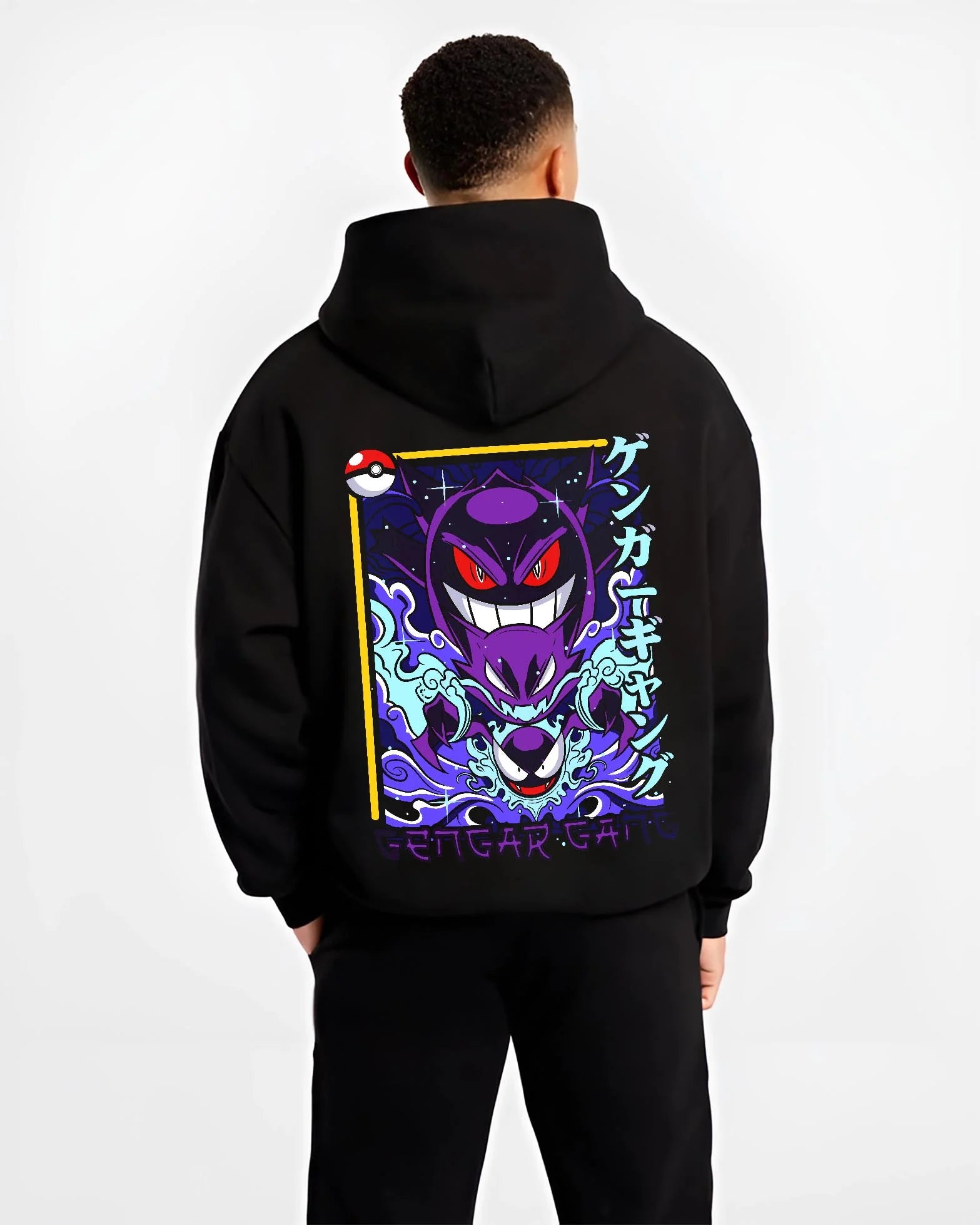 Black hoodie worn by male model, back view with Pokémon Hoodie Gengar Shadow Ball Jumper graphic premium wear.