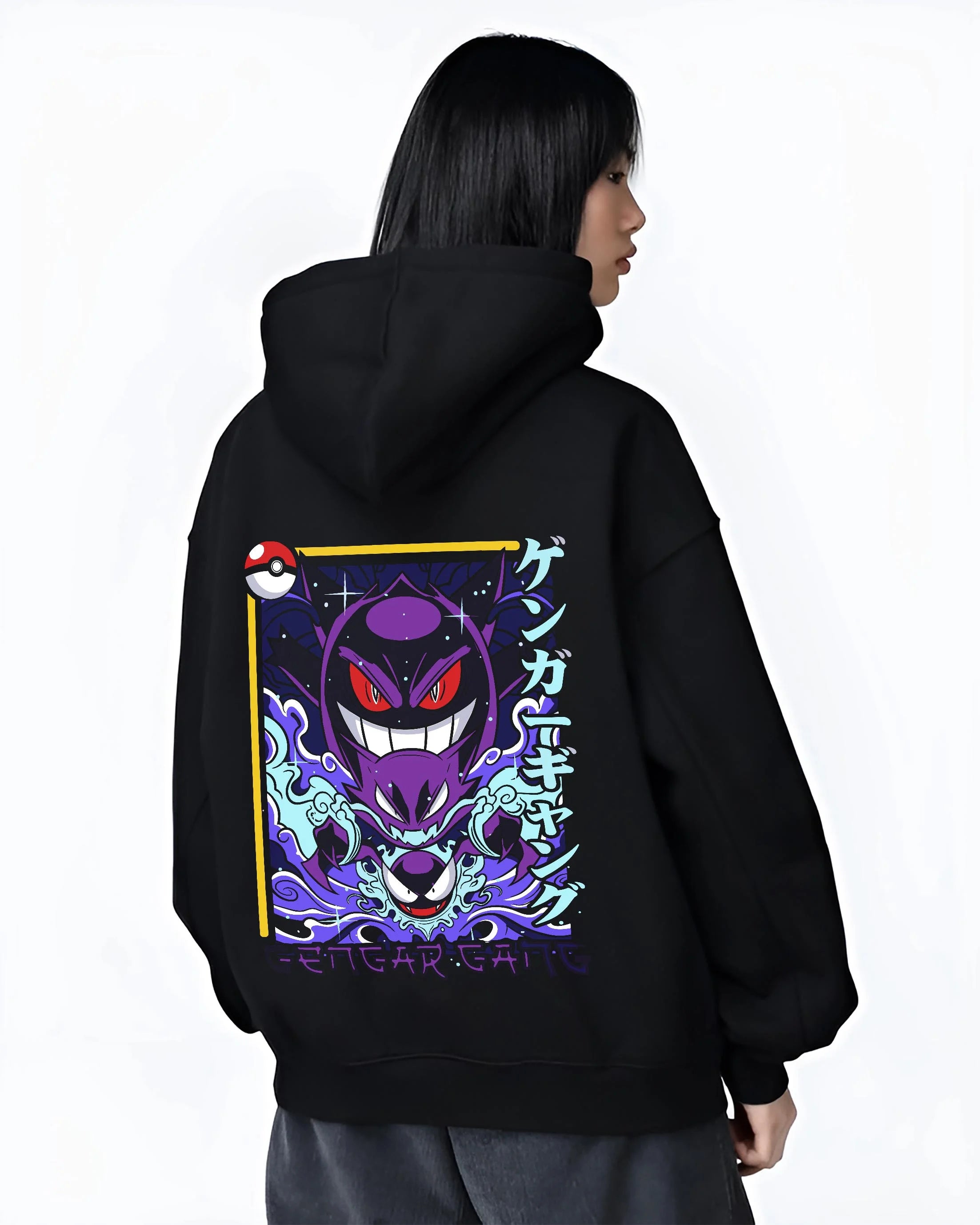 Black hoodie worn by female model, back view with Pokémon Hoodie Gengar Shadow Ball Jumper graphic premium wear.
