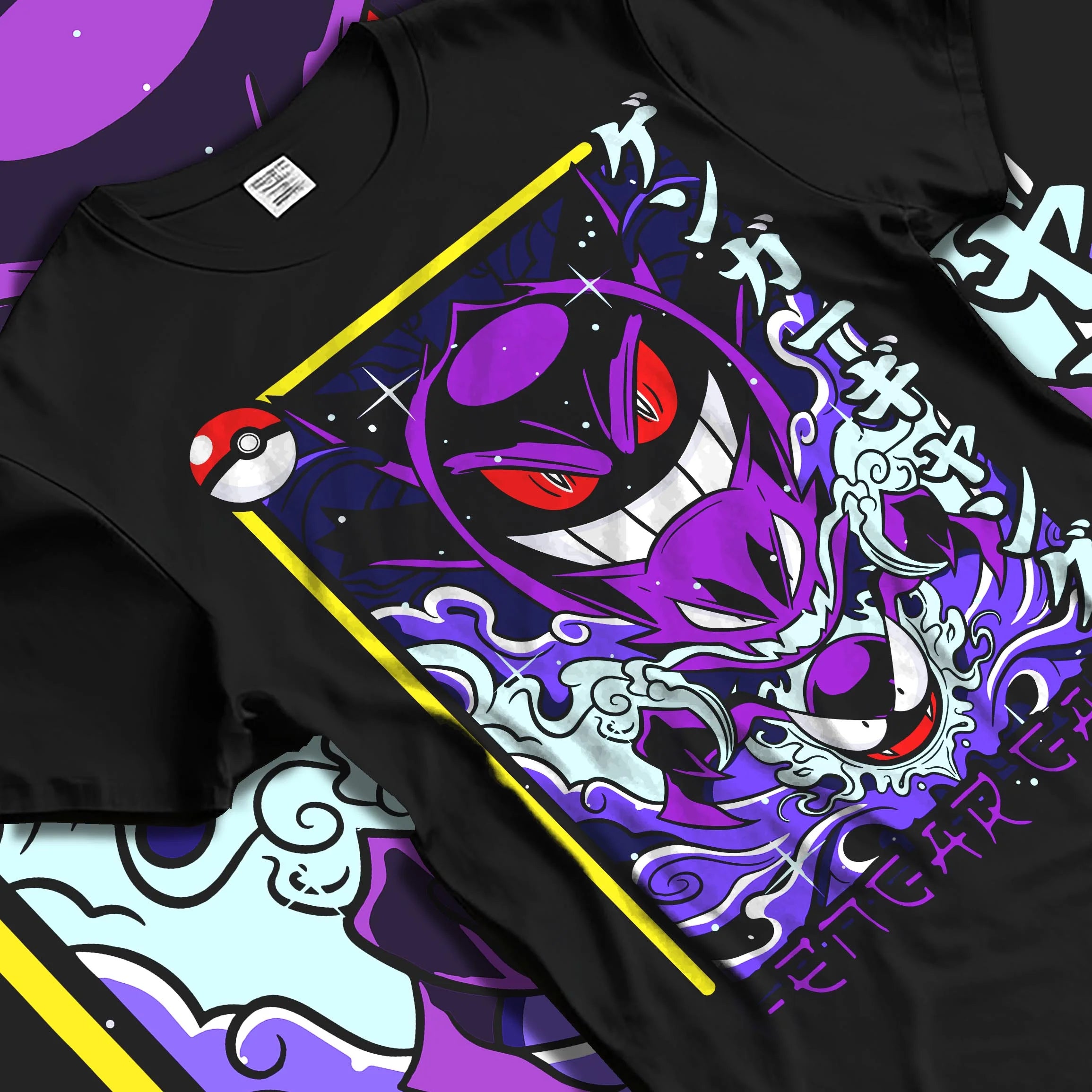 Black T-shirt laid flat with natural folds with Pokémon Hoodie Gengar Shadow Ball Jumper graphic premium wear.