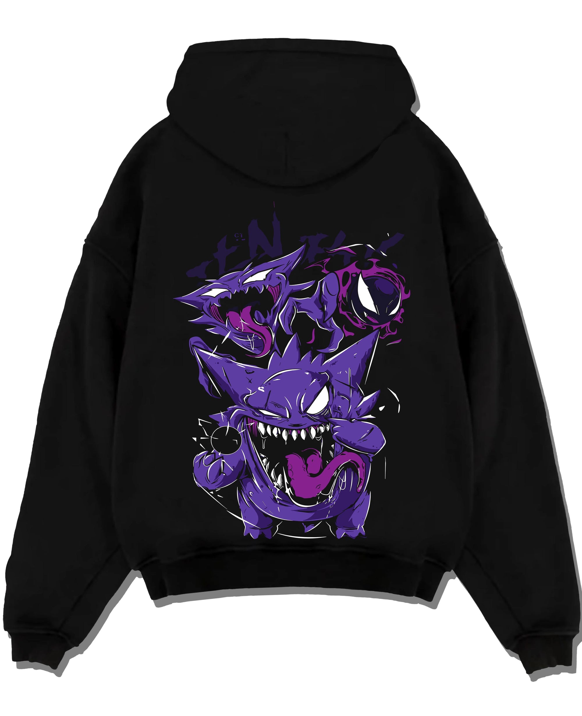 Black pullover hoodie laid flat with Pokémon Hoodie Gengar Battle Ready Jumper graphic premium wear.