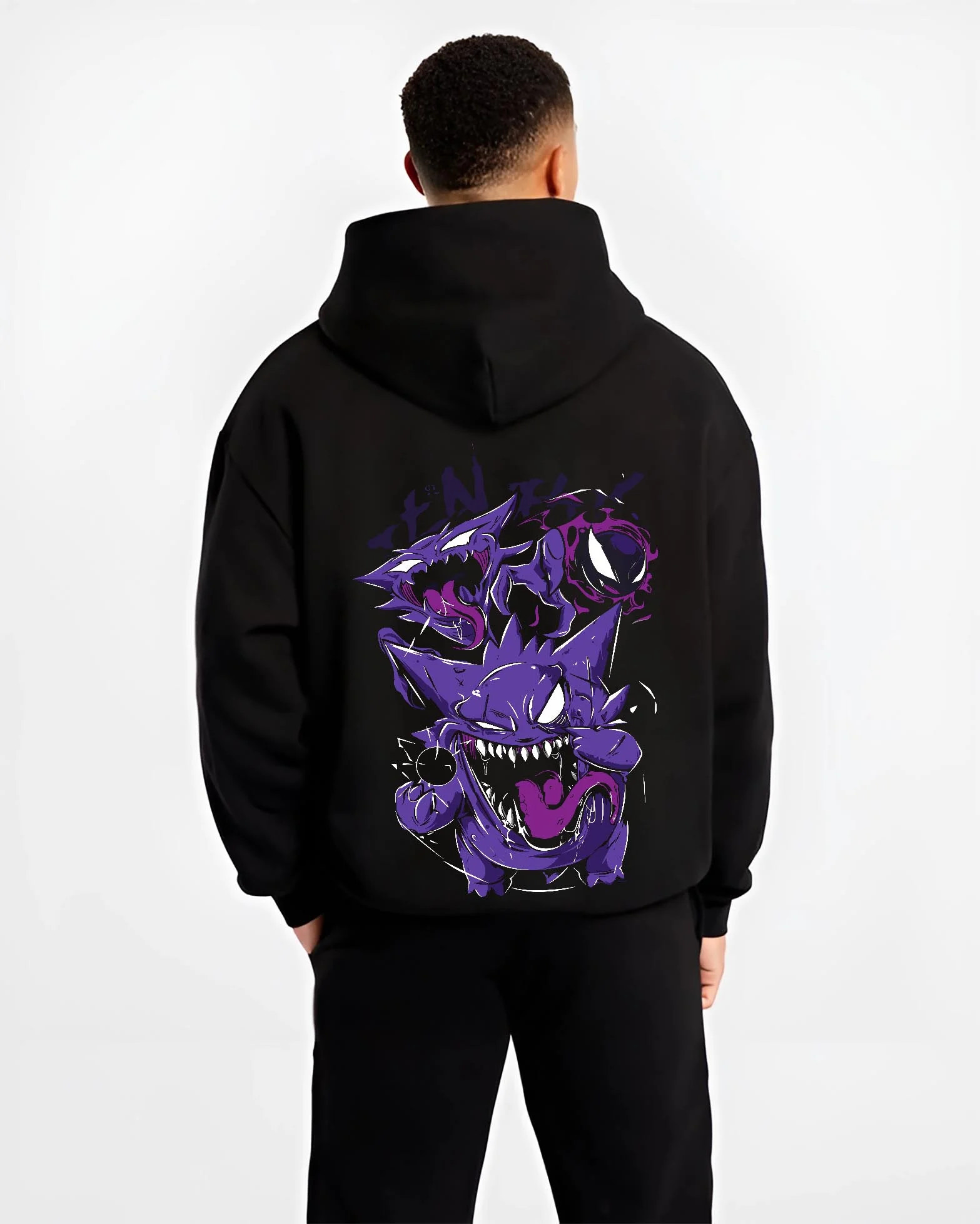 Black hoodie worn by male model, back view with Pokémon Hoodie Gengar Battle Ready Jumper graphic premium wear.