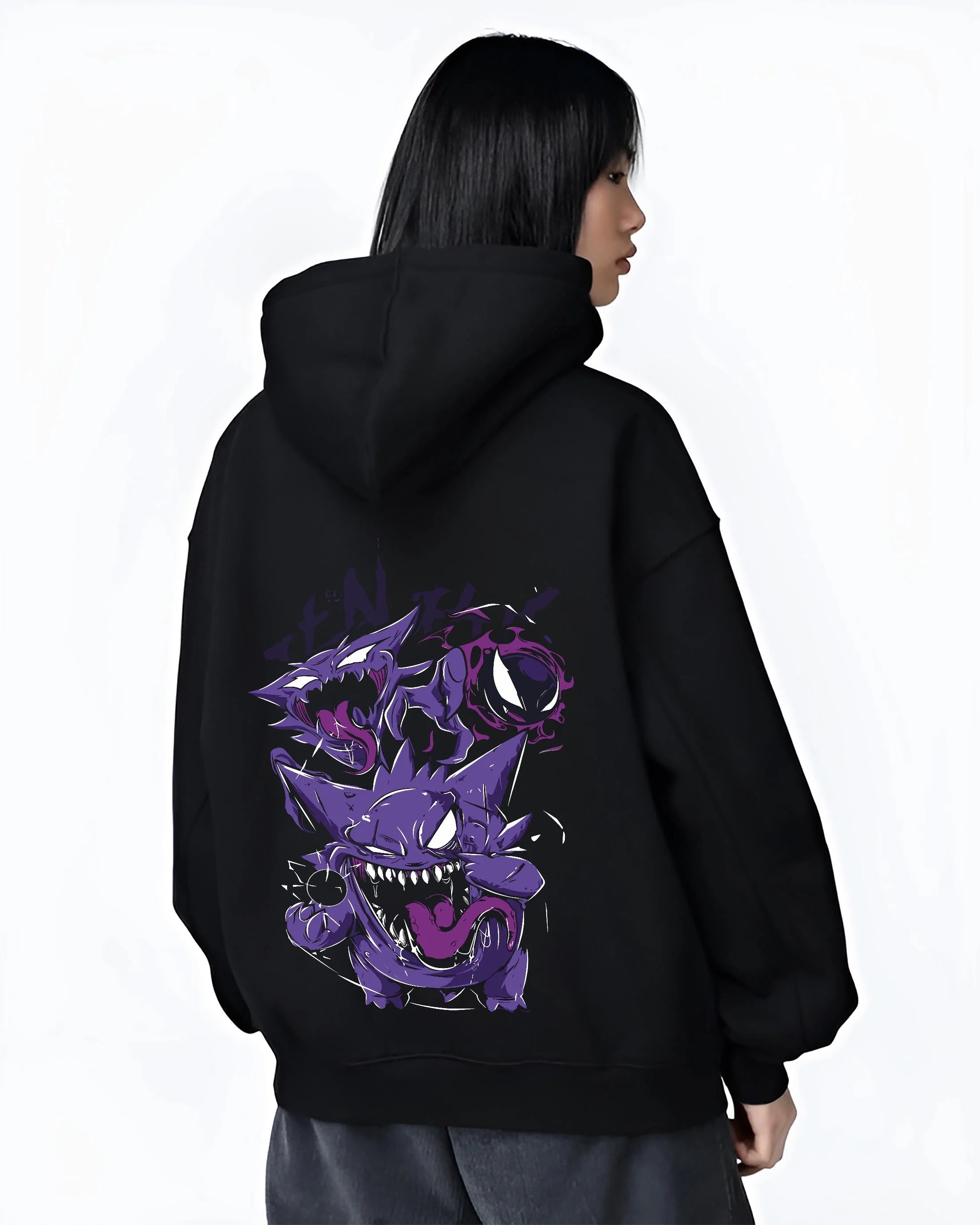 Black hoodie worn by female model, back view with Pokémon Hoodie Gengar Battle Ready Jumper graphic premium wear.