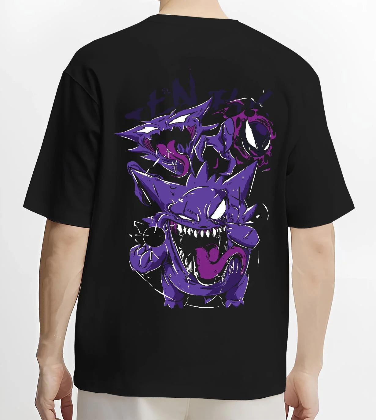 Black T-shirt worn by male model, back view with Pokémon Hoodie Gengar Battle Ready Jumper graphic streetwear graphic.