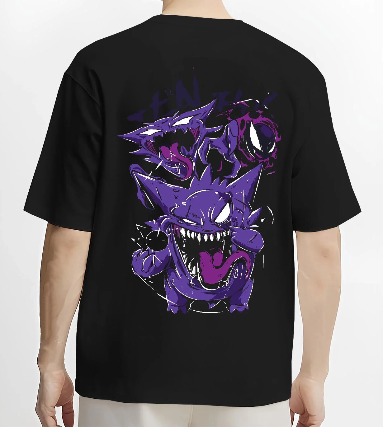 Black T-shirt worn by male model, back view with Pokémon Hoodie Gengar Battle Ready Jumper graphic streetwear graphic.