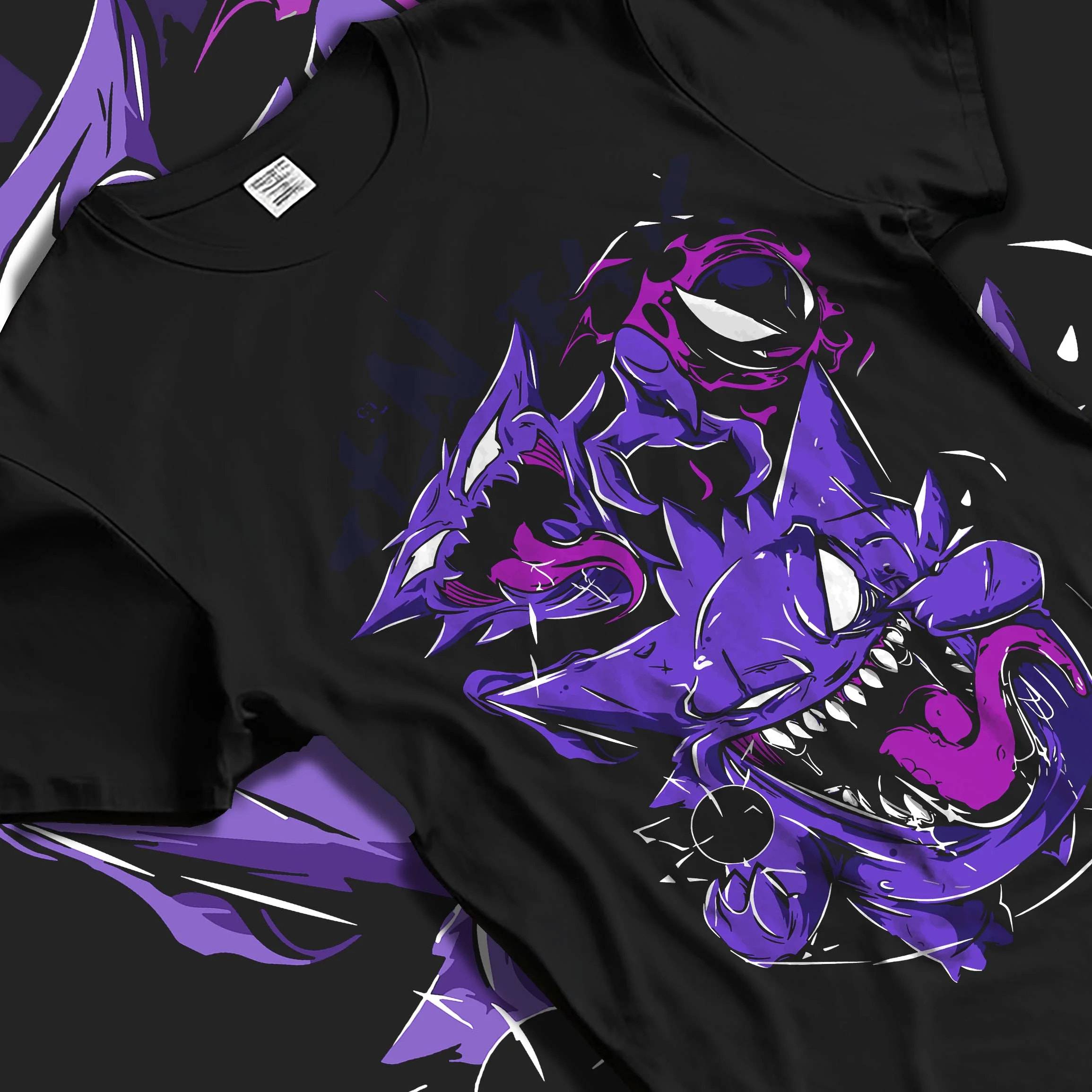 Black T-shirt laid flat with natural folds with Pokémon Hoodie Gengar Battle Ready Jumper graphic bold anime graphic.