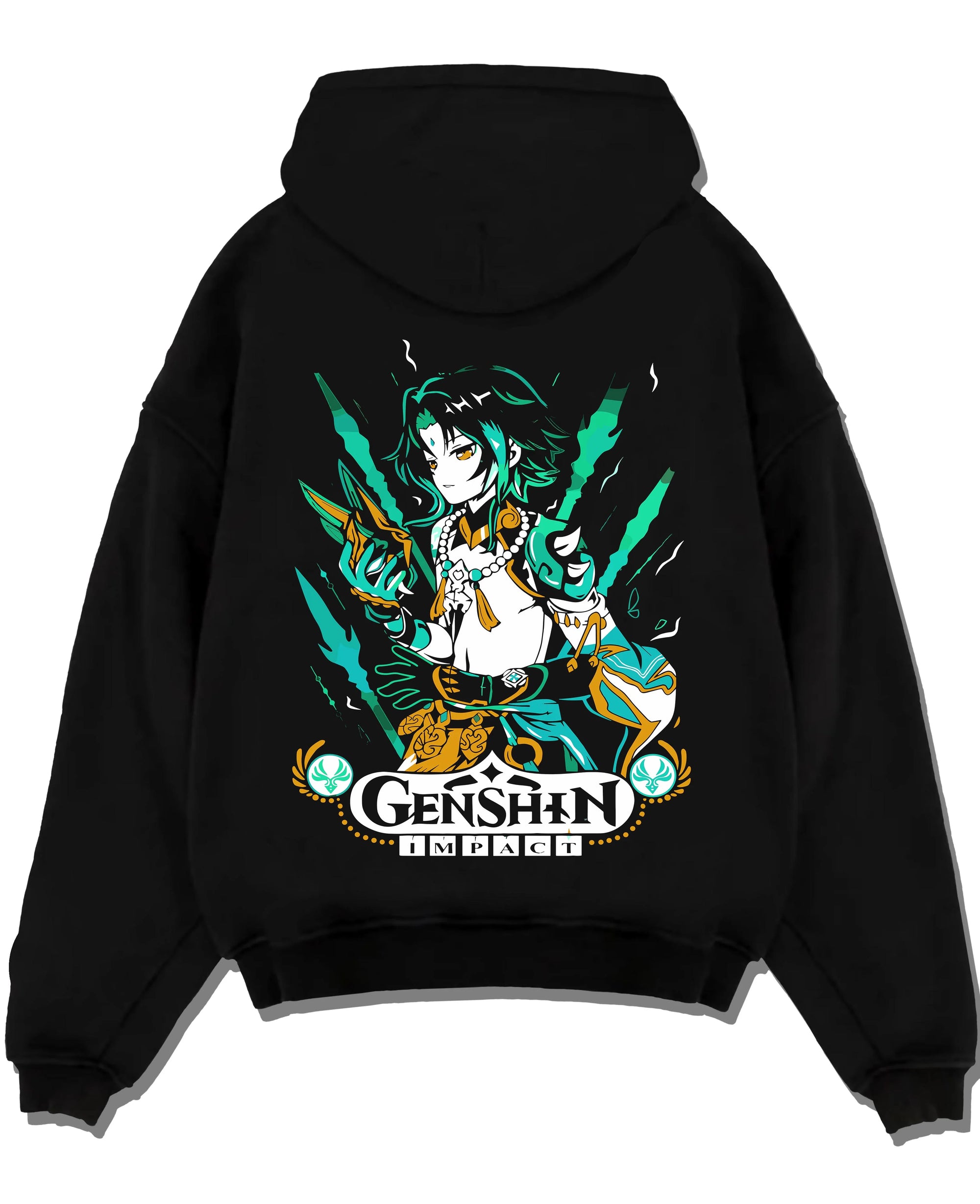 Black pullover hoodie laid flat with Genshin Impact Hoodie Xiao Luminant Power Jumper graphic premium wear.