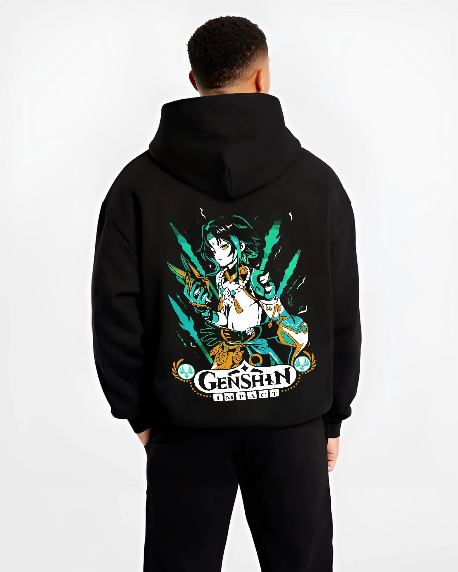Black hoodie worn by male model, back view with Genshin Impact Hoodie Xiao Luminant Power Jumper graphic premium wear.