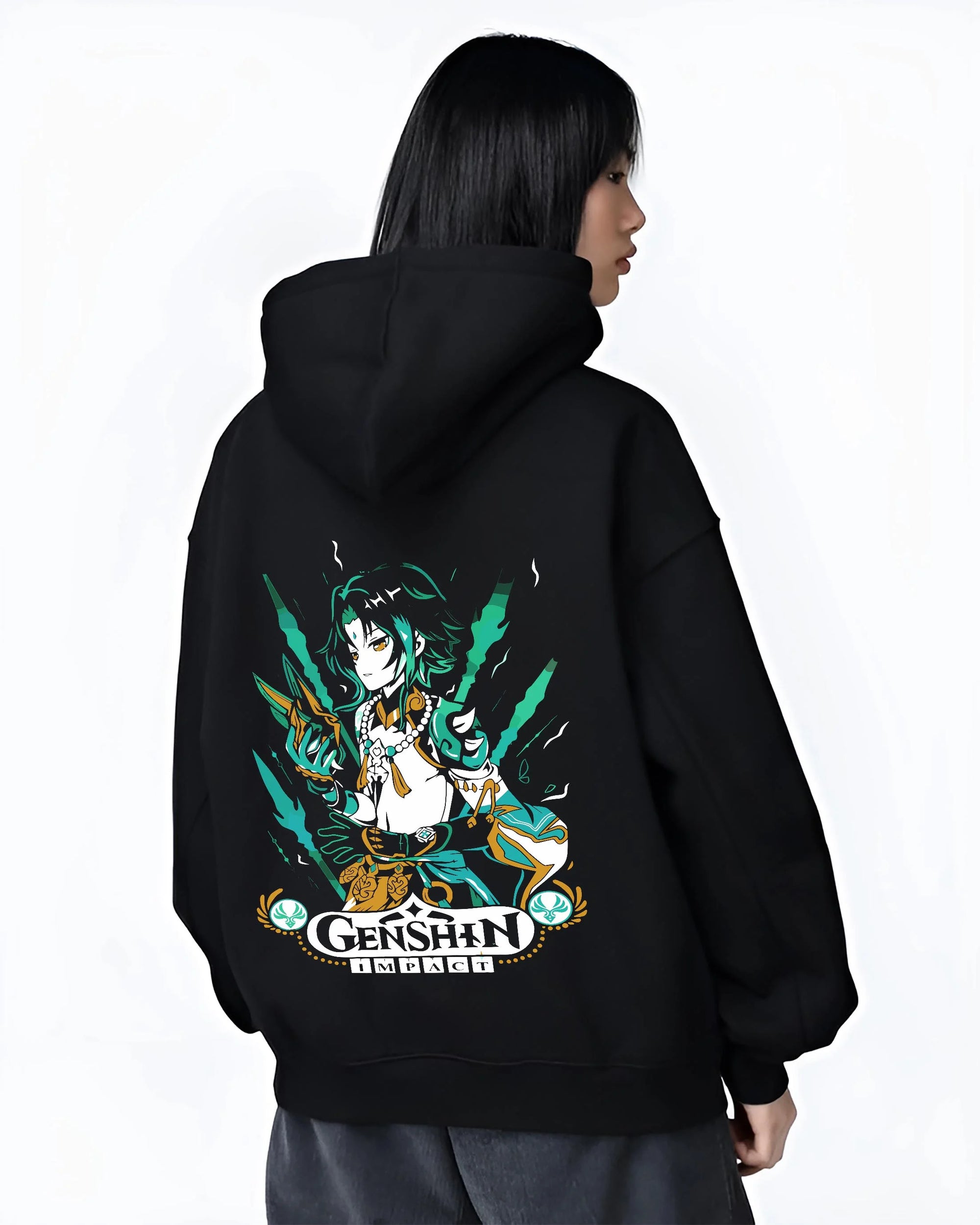 Black hoodie worn by female model, back view with Genshin Impact Hoodie Xiao Luminant Power Jumper graphic Xiao themed artwork.