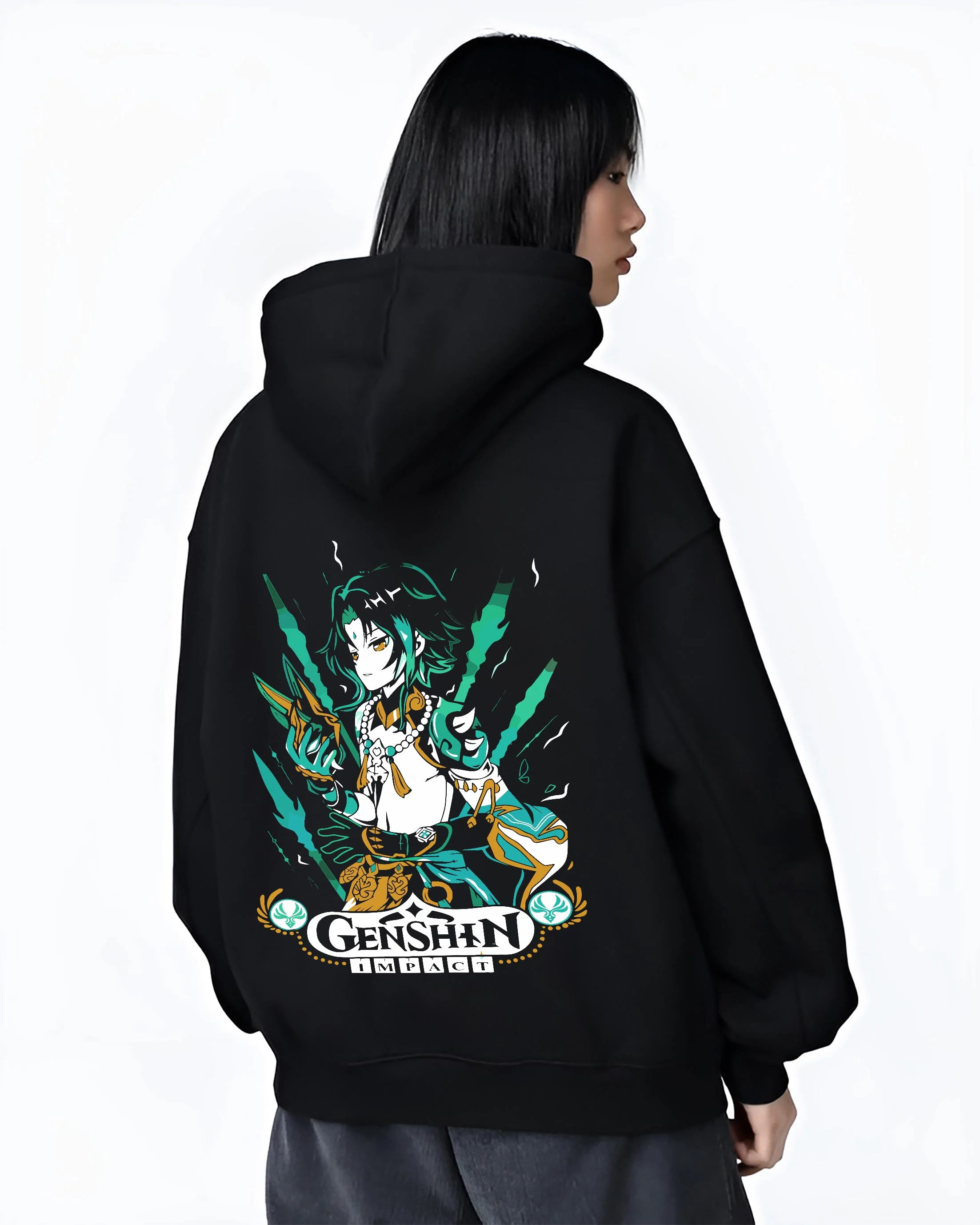 Black hoodie worn by female model, back view with Genshin Impact Hoodie Xiao Luminant Power Jumper graphic Xiao themed artwork.
