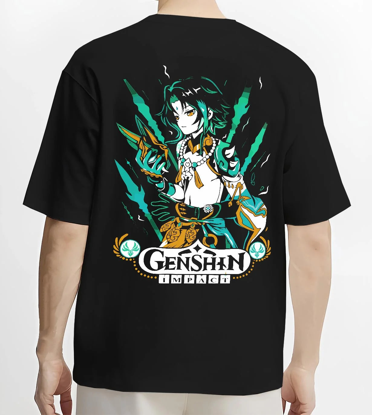 Black T-shirt worn by male model, back view with Genshin Impact Hoodie Xiao Luminant Power Jumper graphic Xiao themed artwork.