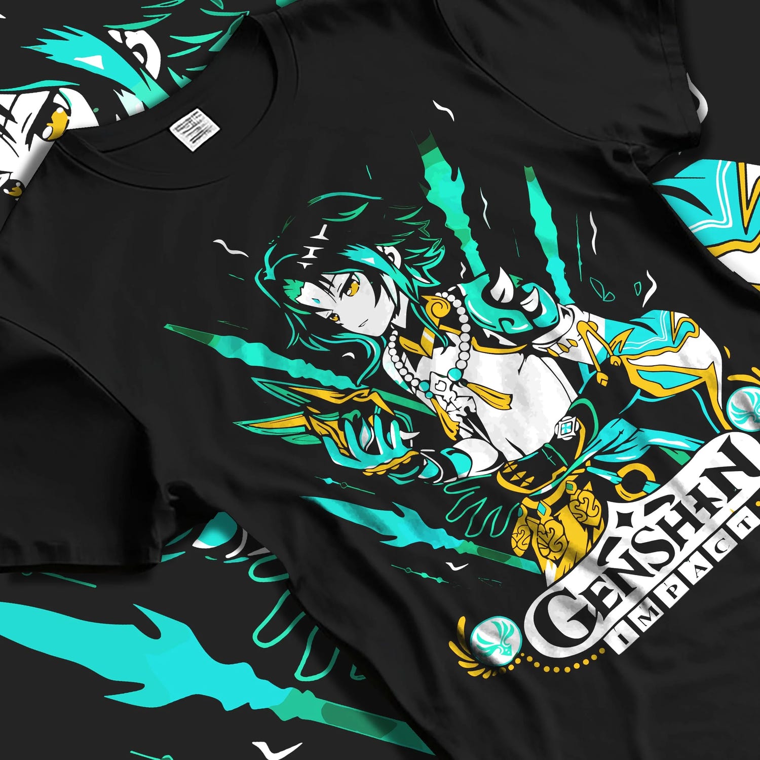 Black T-shirt laid flat with natural folds with Genshin Impact Hoodie Xiao Luminant Power Jumper graphic premium wear.