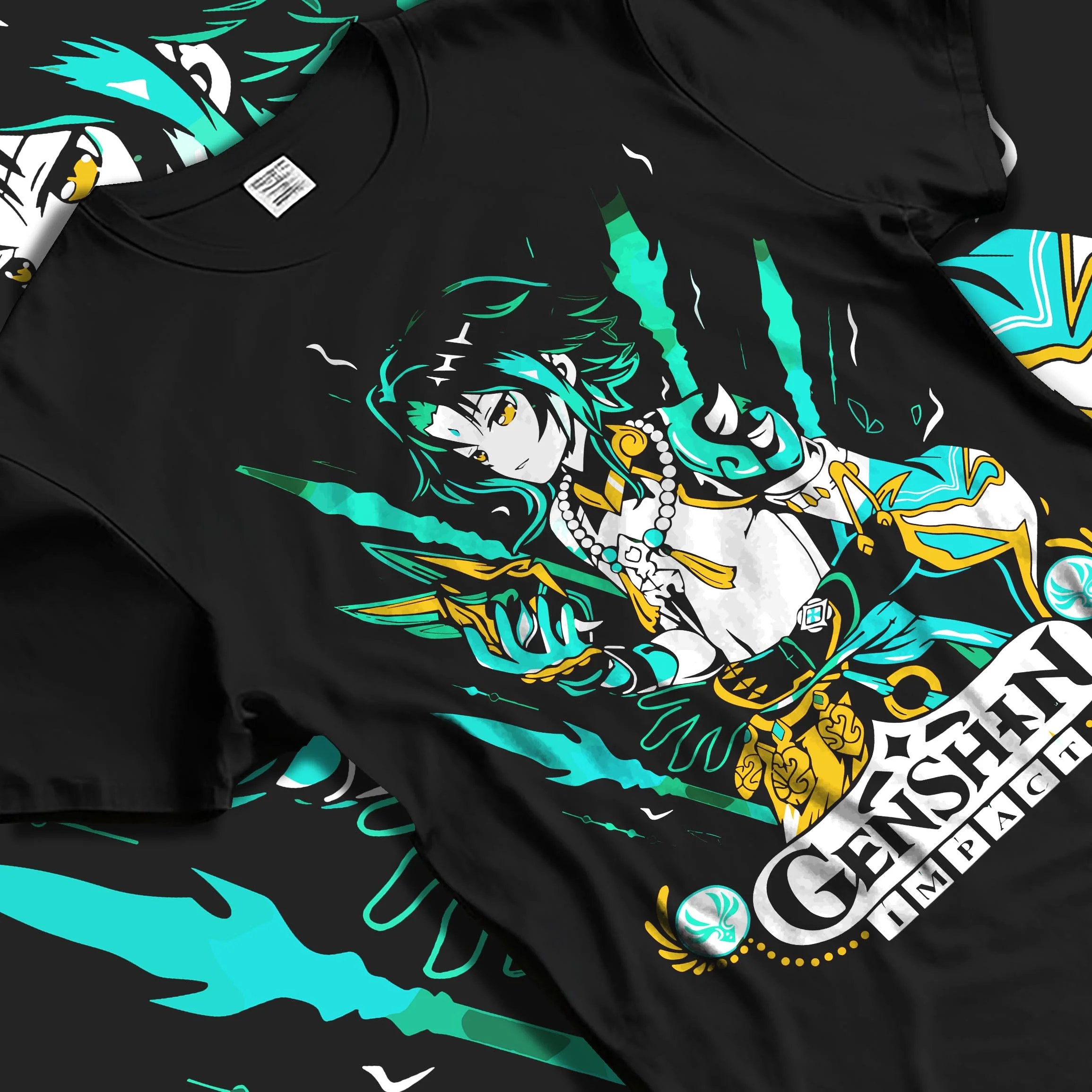 Black T-shirt laid flat with natural folds with Genshin Impact Hoodie Xiao Luminant Power Jumper graphic premium wear.