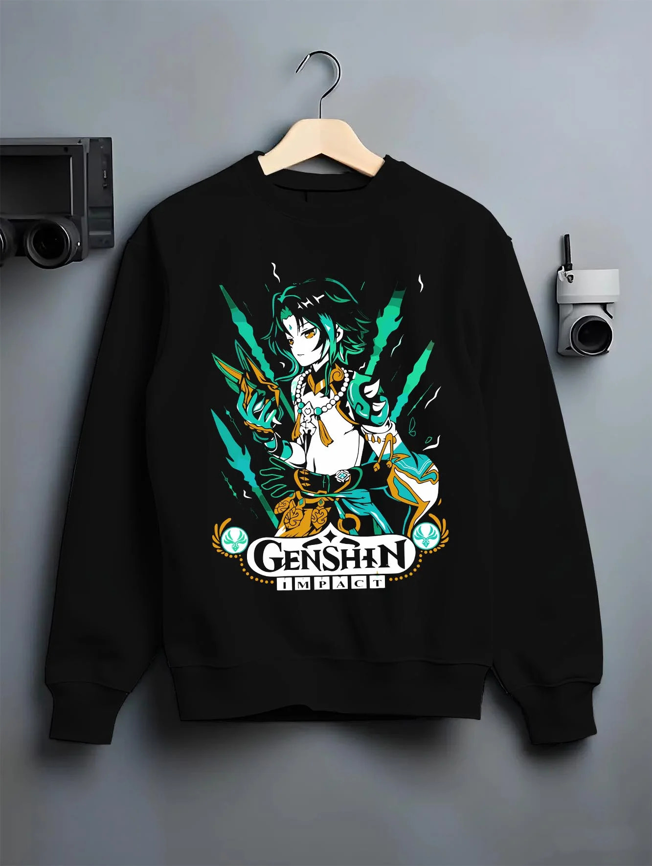 Black crewneck sweatshirt on hanger with Genshin Impact Hoodie Xiao Luminant Power Jumper graphic bold anime graphic.