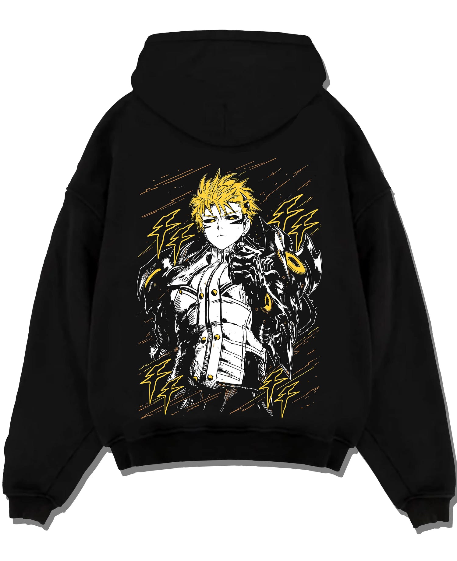 Black pullover hoodie laid flat with One Punch Man Hoodie Genos Armored Cyborg Jumper graphic premium wear.