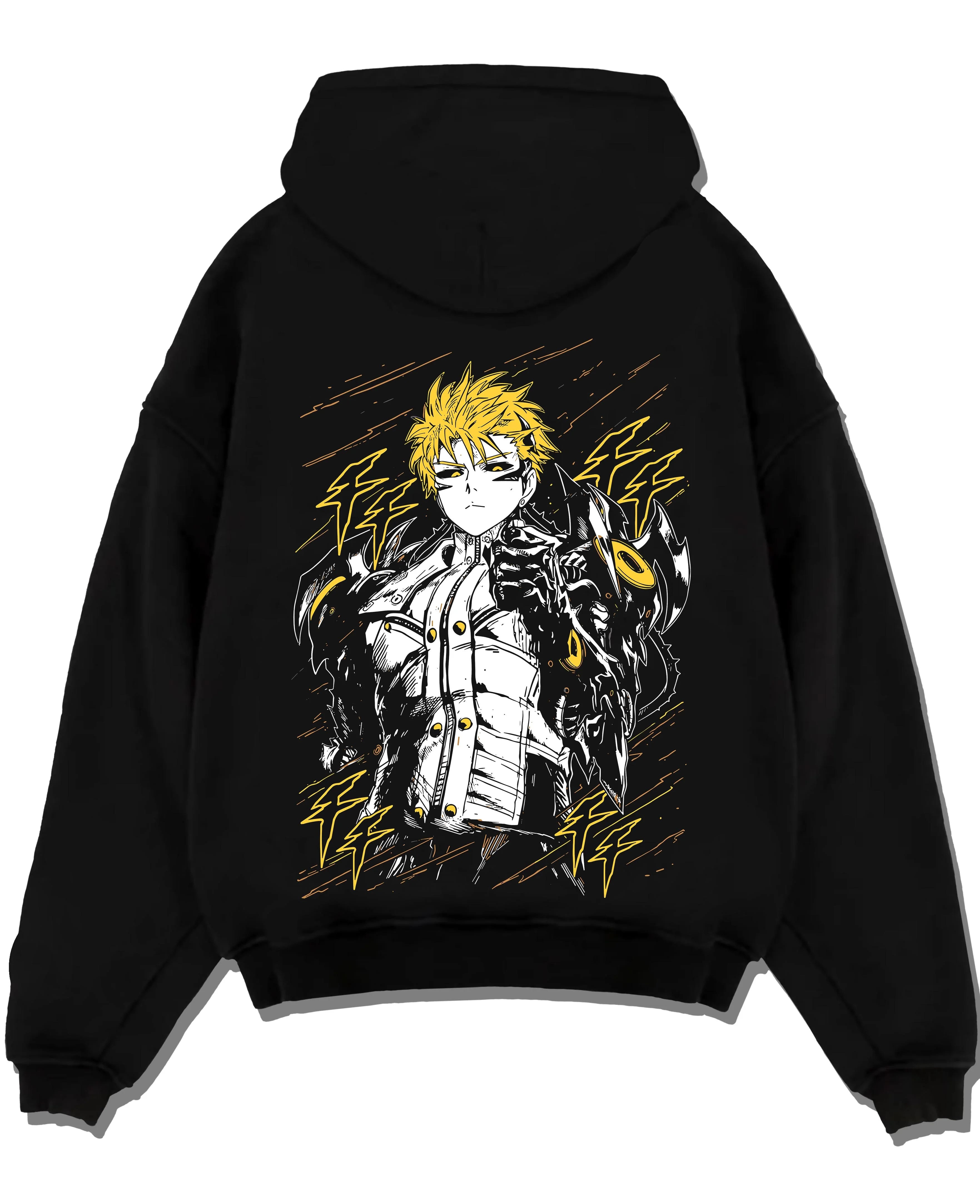 Black pullover hoodie laid flat with One Punch Man Hoodie Genos Armored Cyborg Jumper graphic premium wear.