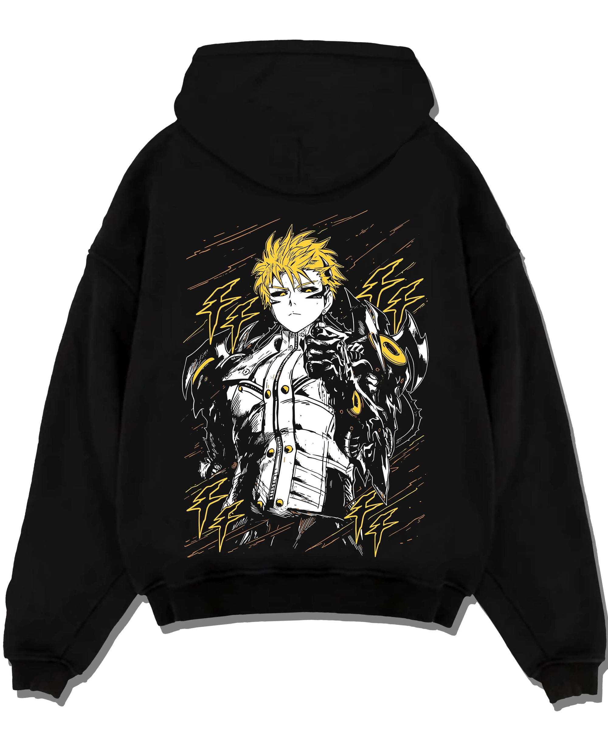 Black pullover hoodie laid flat with One Punch Man Hoodie Genos Armored Cyborg Jumper graphic premium wear.