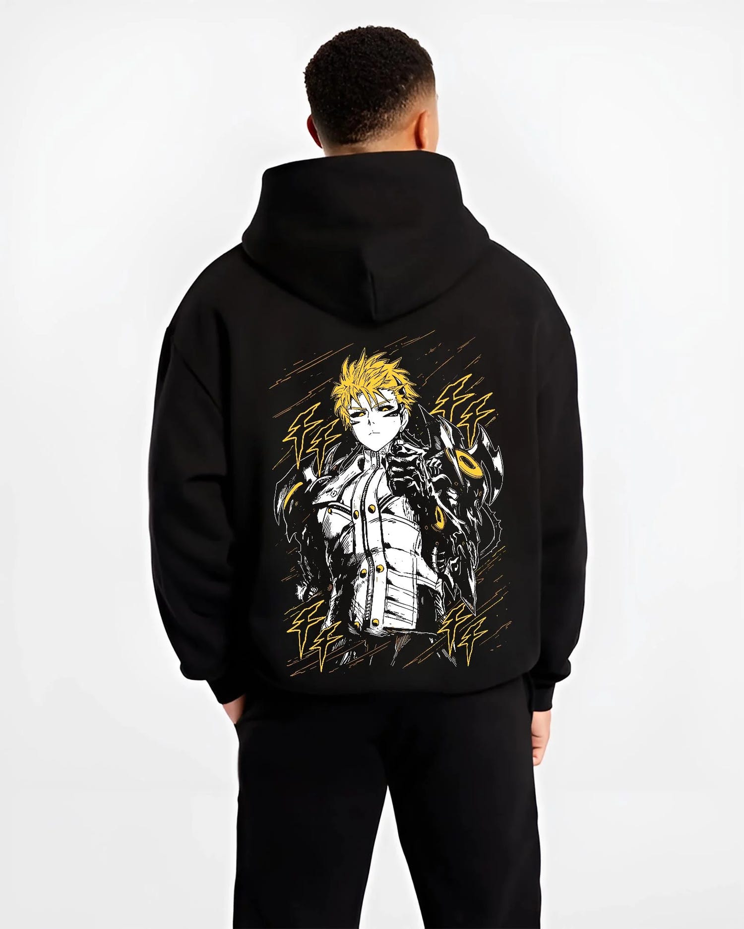 Black hoodie worn by male model, back view with One Punch Man Hoodie Genos Armored Cyborg Jumper graphic Genos anime design.