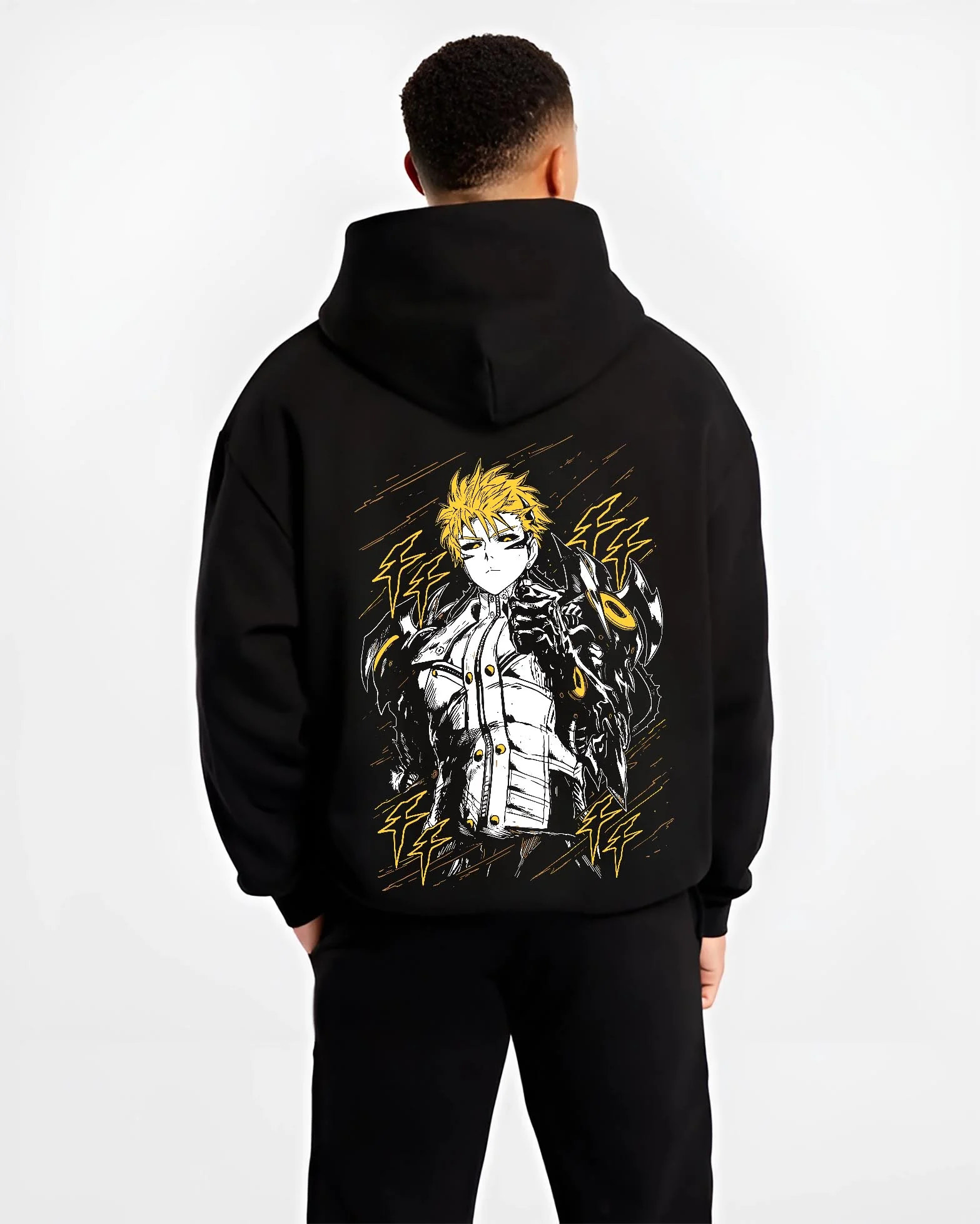 Black hoodie worn by male model, back view with One Punch Man Hoodie Genos Armored Cyborg Jumper graphic Genos anime design.